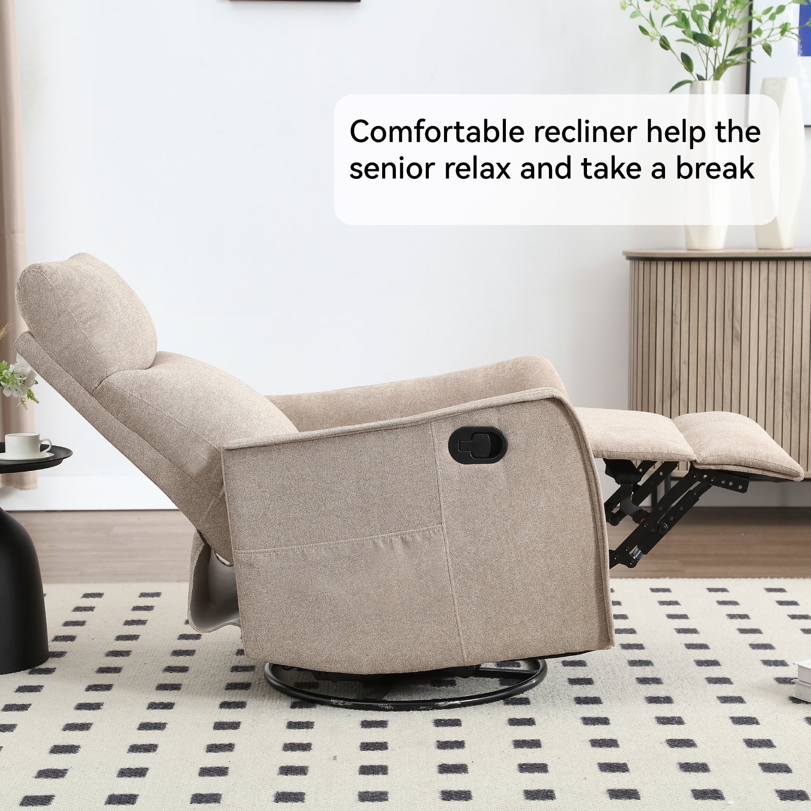 Heat Massage Manual Recliner Chair with Rocker and Swivel in Fabric for Living Room, Khaki