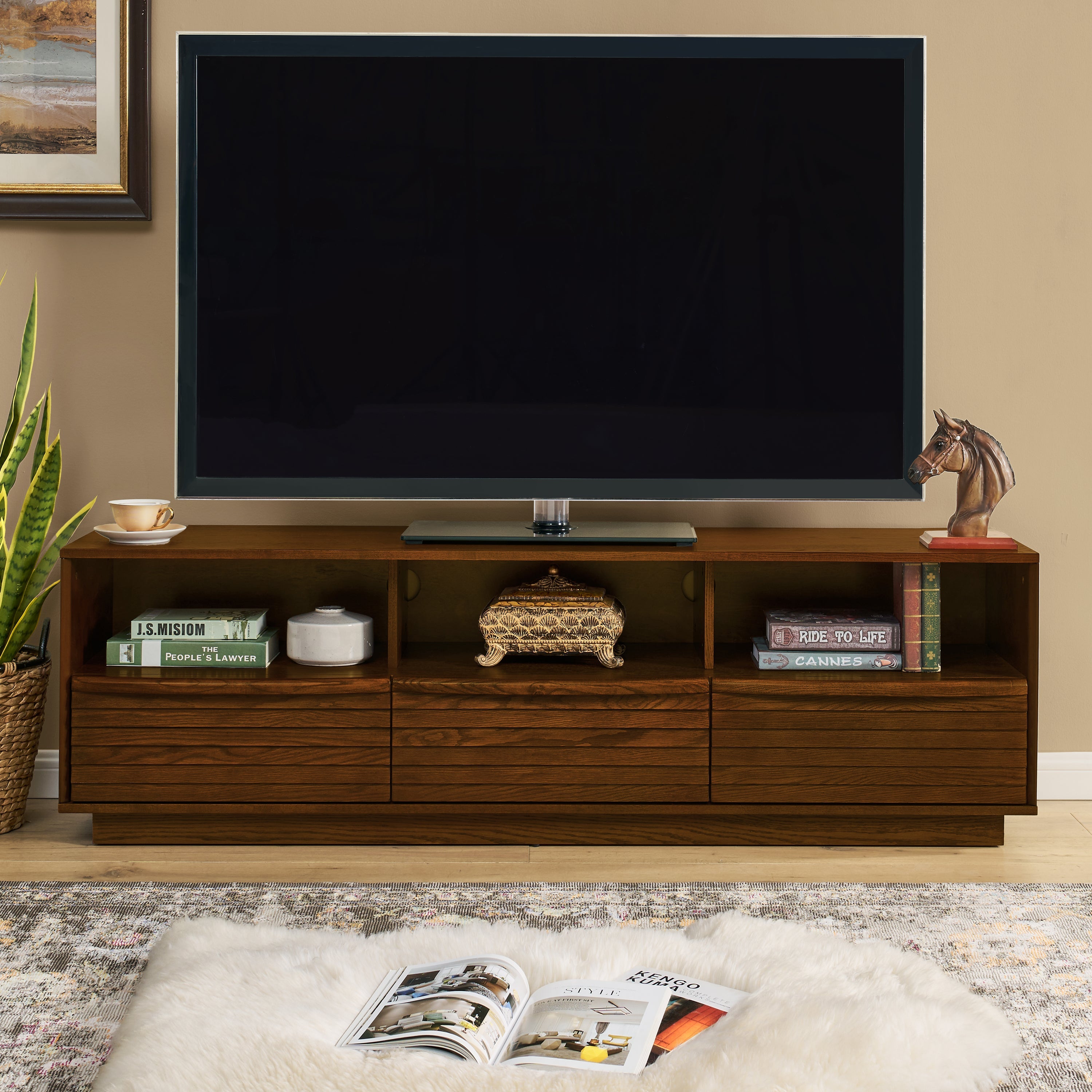 63' Mid-Century Modern TV Stand for TVs up to 75', Thick Sturdy Farmhouse Entertainment Cabinet, Media Console for Living Room, Louver Design & Solid Wood Drawers & Outlet Holes, Walnut