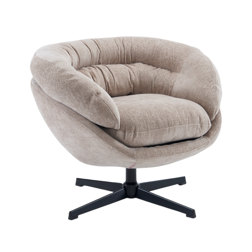 Modern Chenille Office Chair, 360° Swivel Club Chair/Accent Chair with Removable Cushion, Round Office Chair, Black Metal Base, Cotton Material, Living Room, Bedroom, Reading Corner, Office (Brown)