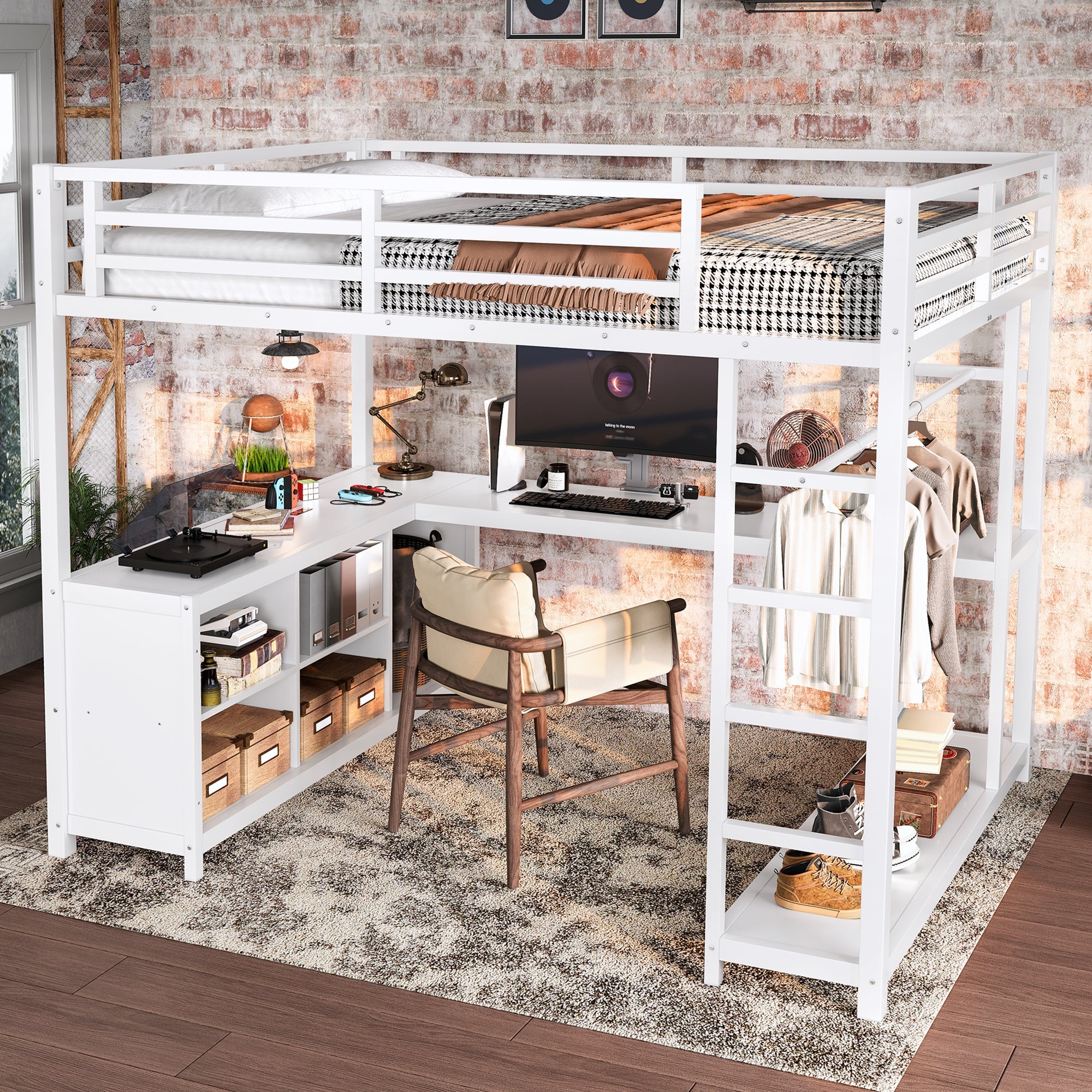 Metal Loft Bed with Wardrobe and L-shaped Desk, Full Size Loft Bed with Storage Cubes and Shelves, Loft Bed for Kids Teens Adults, White