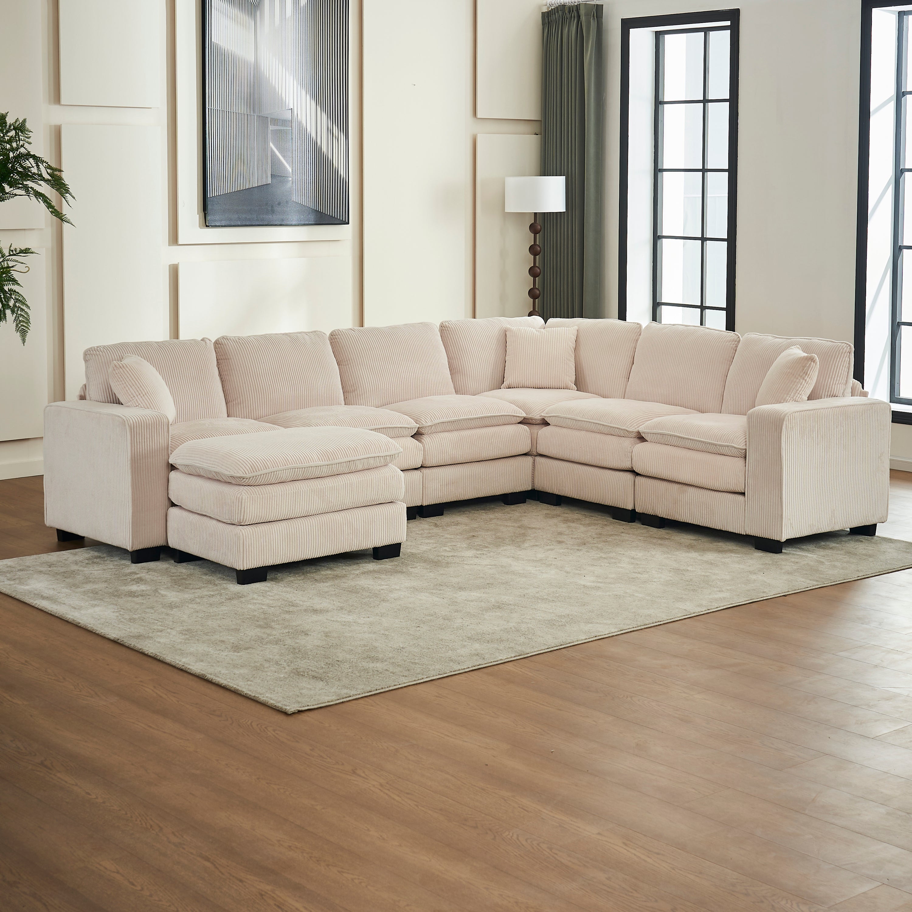 Modern U Shaped 6-seat Sectional Sofa Couch with one Ottoman and three toss pillows ,Modular Sofa for Living Room,Corduroy sofa