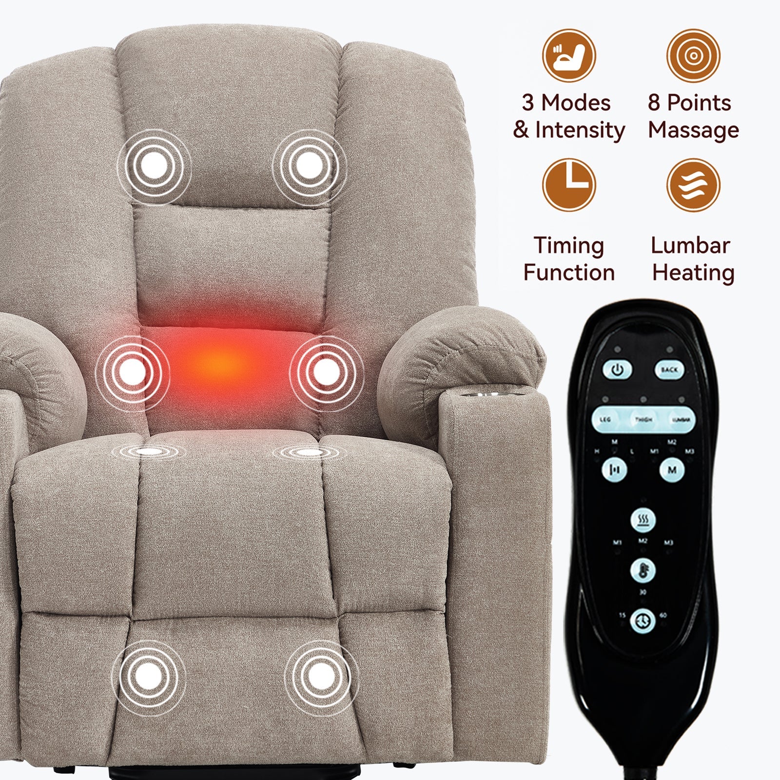 Power Lift Recliner Chair with Massage and Heat for Elderly, Overstuffed Wide Recliners, Heavy Duty Motion Mechanism with USB and Type C Ports, 2 Steel Cup Holders, Khaki