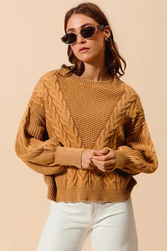 SO ME Mineral Washed Loose Fit Textured Cable Sweater