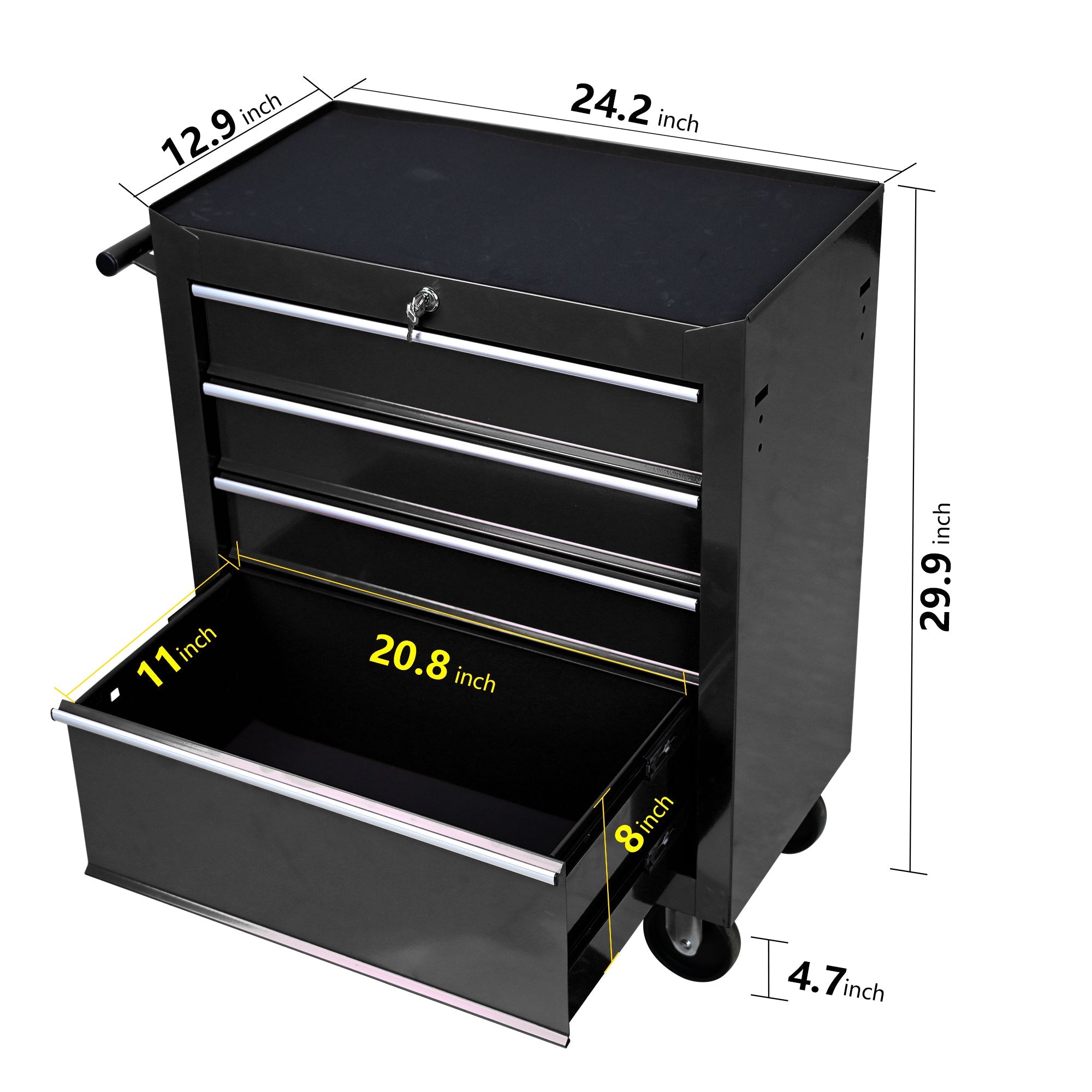 Rolling Tool Chest, 4-Drawer Tool Box with Wheels, Heavy Duty Industrial Service Cart Storage Organizer with Locking System, Rolling Tool Box Organizer Tool Case for Garage, Repair Shop - Black