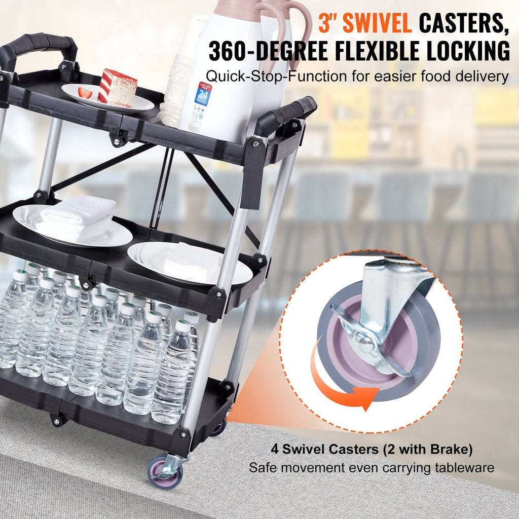 Foldable Utility Service Cart, 3 Shelf 165LBS Heavy Duty Plastic Rolling Cart with Lockable Wheels, Ergonomic Handle, Portable Garage Tool Cart for Warehouse/Office/Home(25.62'x15.43'x32.76')