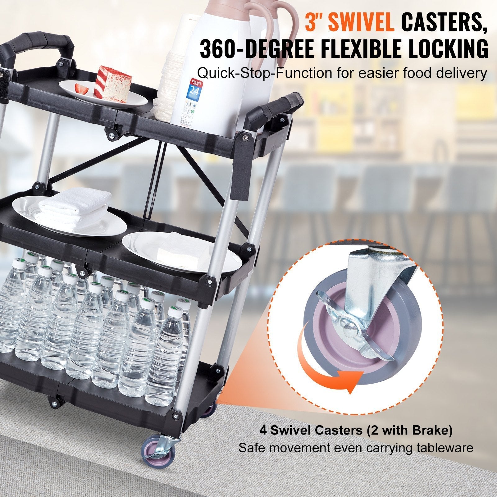 Foldable Utility Service Cart, 3 Shelf 165LBS Heavy Duty Plastic Rolling Cart with Lockable Wheels, Ergonomic Handle, Portable Garage Tool Cart for Warehouse/Office/Home(25.62'x15.43'x32.76')