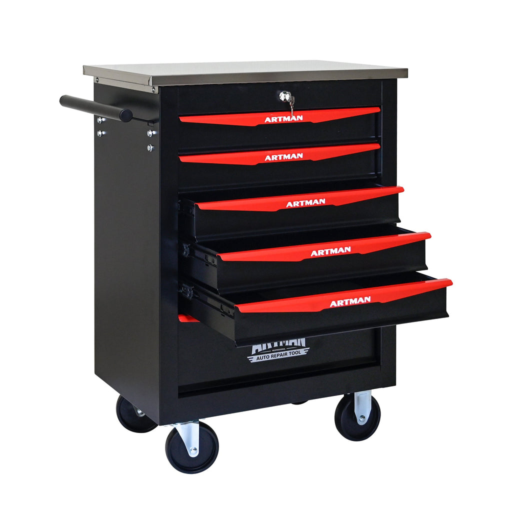 6-Drawer Multifunctional Tool Cart with Wheels, Metal Rolling Tool Cart Storage for Garage Workshop Warehouse Repair Shop - with Stainless Steel Roof - Black & Red
