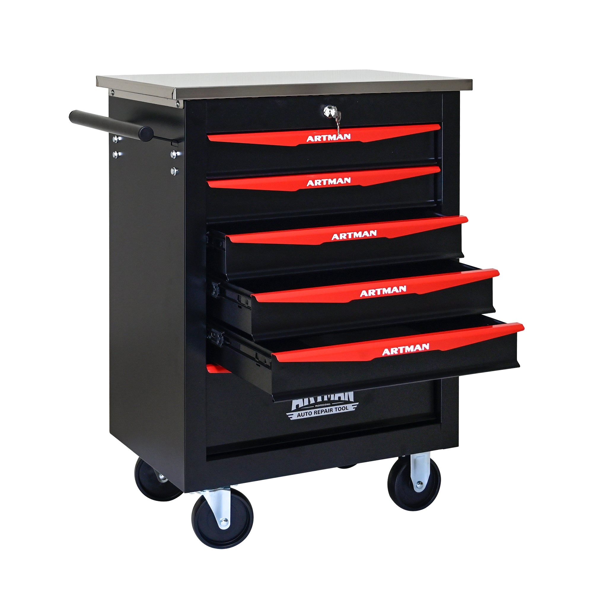 6-Drawer Multifunctional Tool Cart with Wheels, Metal Rolling Tool Cart Storage for Garage Workshop Warehouse Repair Shop - with Stainless Steel Roof - Black & Red