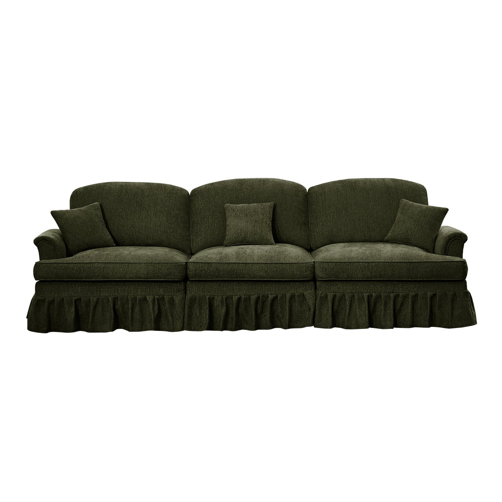 Elegant Mid Century Large 3 Seater Sofa Couch with Flared Arms and Removable Ruffles Pleats Skirts and Spindle Legs, Comfy Chenille Three-Seat Sofa for Living Room, Green