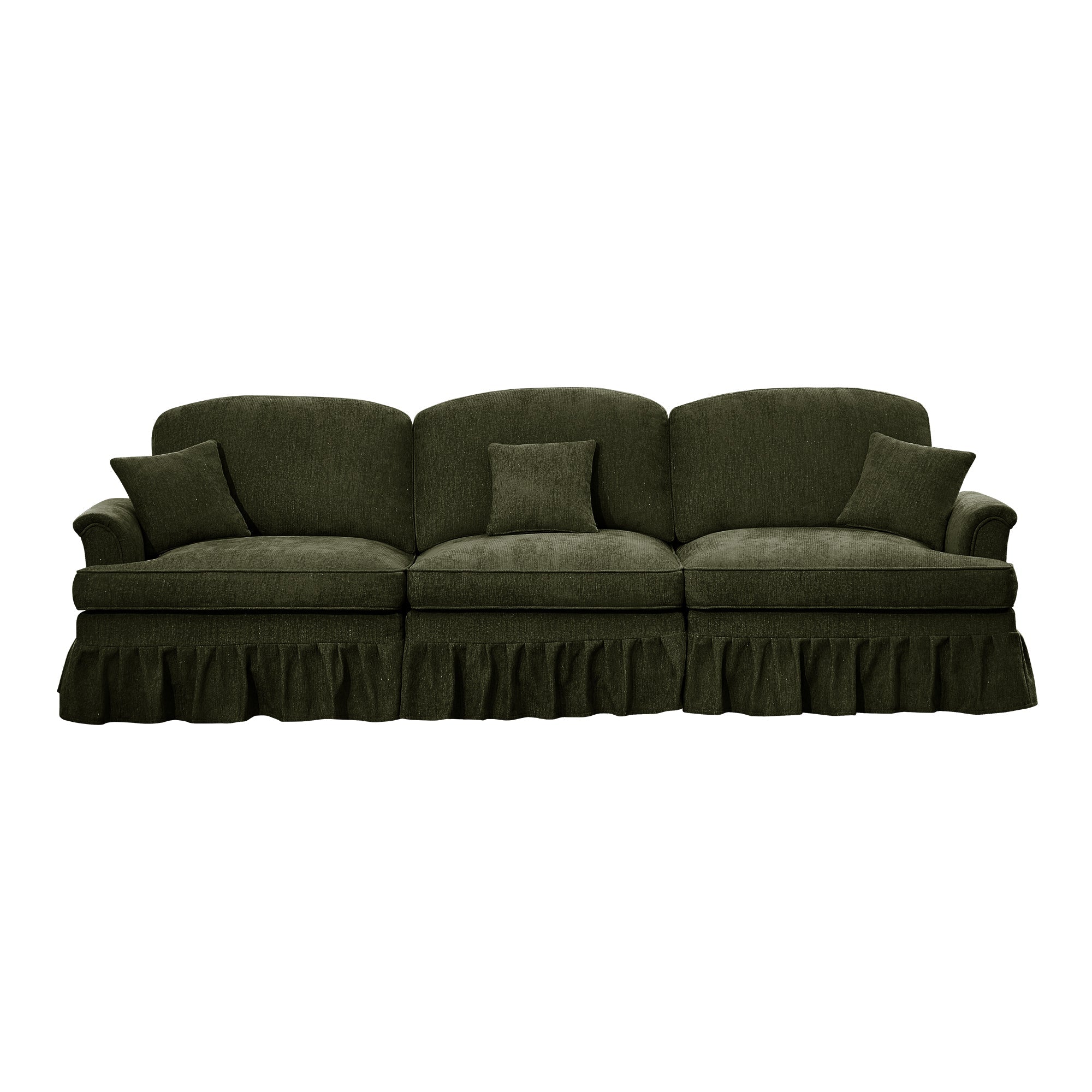 Elegant Mid Century Large 3 Seater Sofa Couch with Flared Arms and Removable Ruffles Pleats Skirts and Spindle Legs, Comfy Chenille Three-Seat Sofa for Living Room, Green