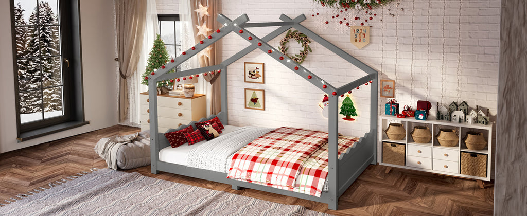 Full House Floor Bed with Support Slats, Solid Wood House Bed Frame for Kids, No Box Spring Needed and Opening Constructure, Gray