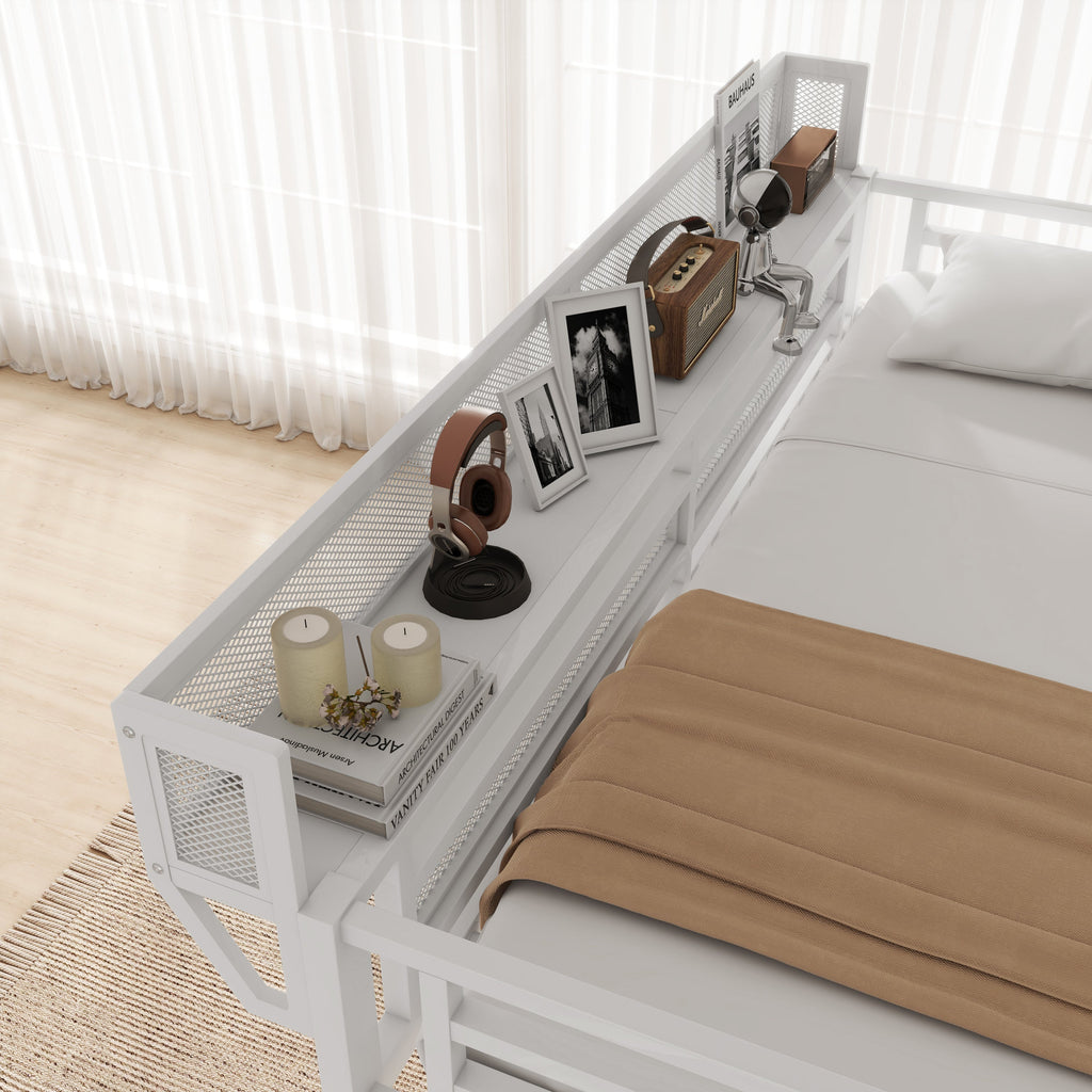 Queen Loft Bed with Desk and Charging Station, Queen Size Metal Loft Bed with Stairs and Light for Kids Teens,White(Old SKU W2580S00033)