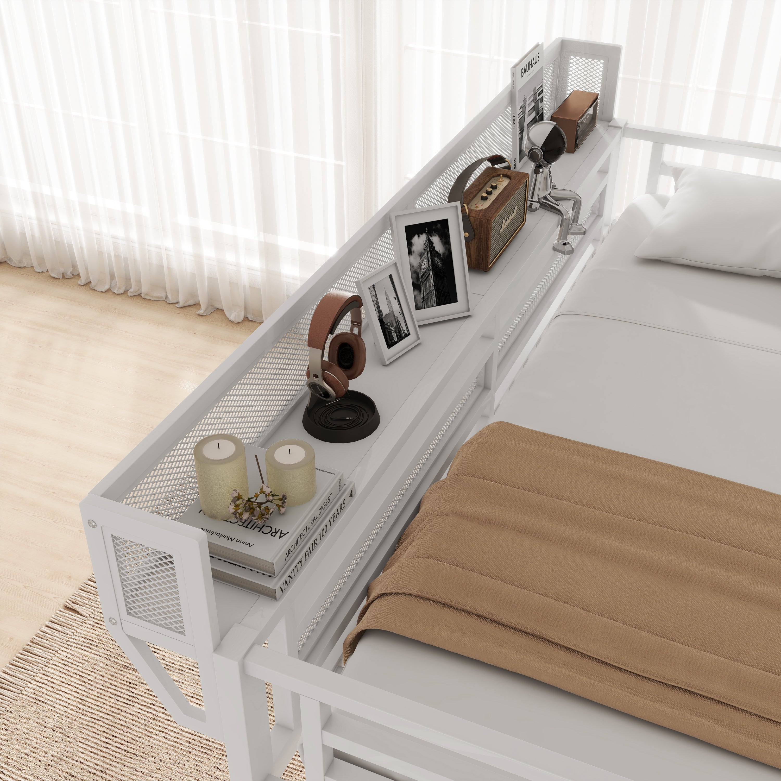 Queen Loft Bed with Desk and Charging Station, Queen Size Metal Loft Bed with Stairs and Light for Kids Teens,White(Old SKU W2580S00033)