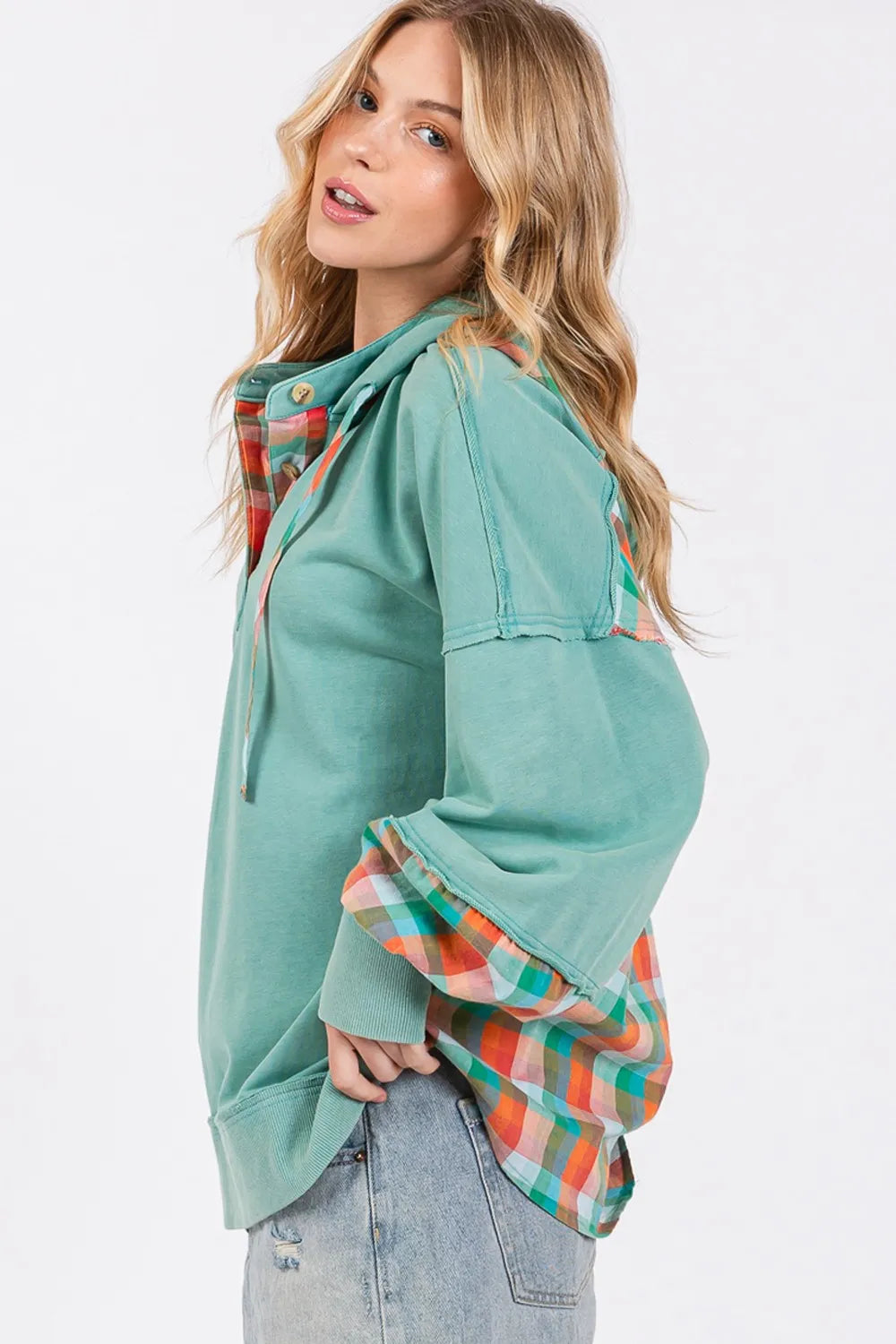 SAGE + FIG Full Size Plaid Print Washed Hoodie
