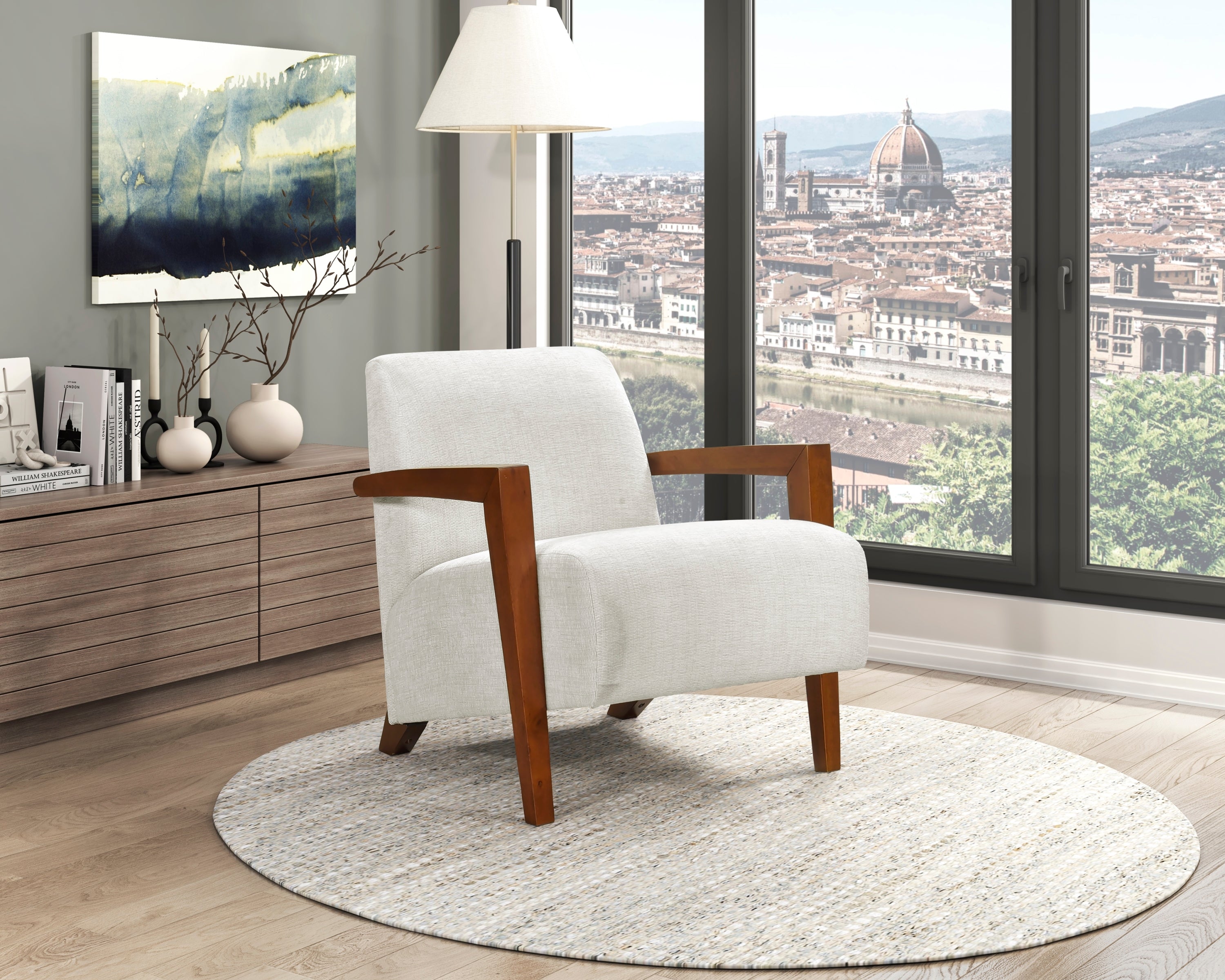 Ultra-Modern Accent Chair Beige Fabric Foam Seat Cushion Solid Wood Luxury Living Room Furniture 1pc