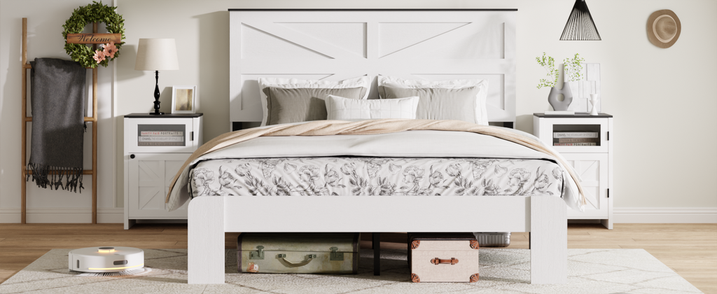 Full Bed Frame Headboard , Wood Platform Bed Frame , Noise Free,No Box Spring Needed and Easy Assembly Tool,Large Under Bed Storage,White
