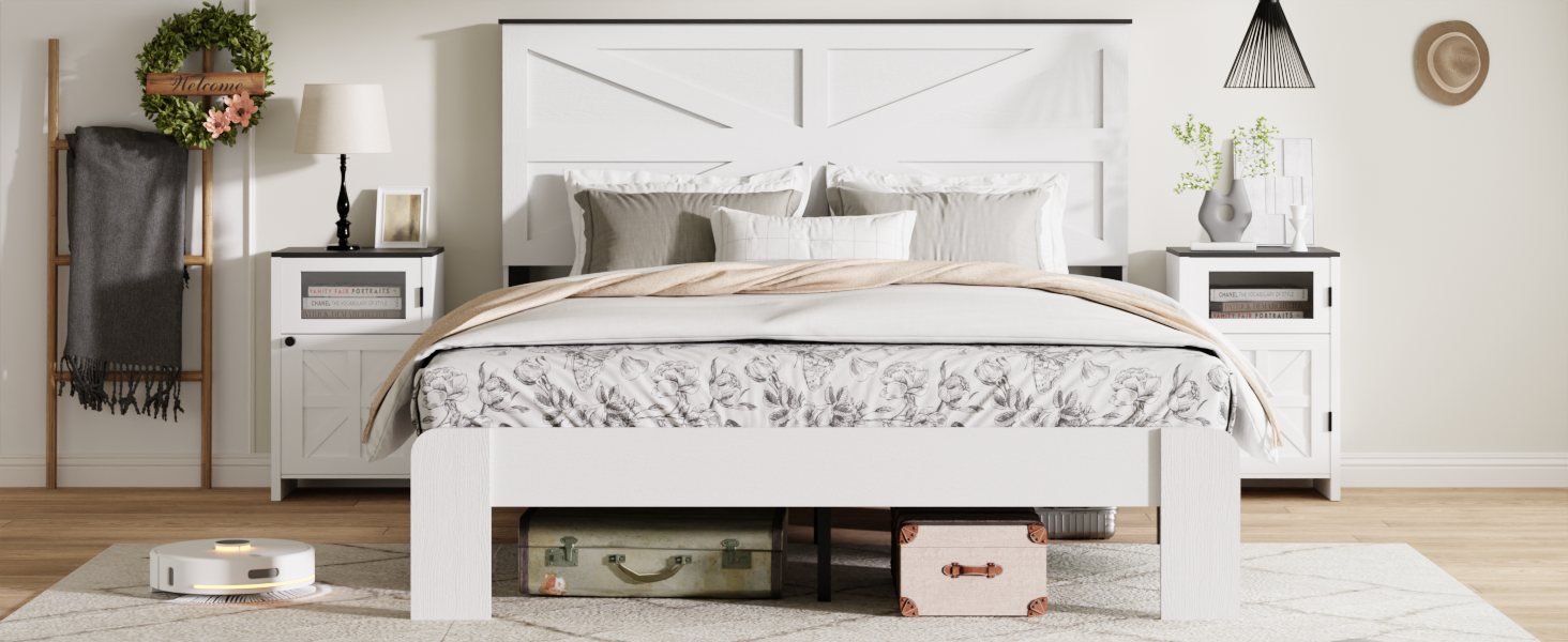Full Bed Frame Headboard , Wood Platform Bed Frame , Noise Free,No Box Spring Needed and Easy Assembly Tool,Large Under Bed Storage,White