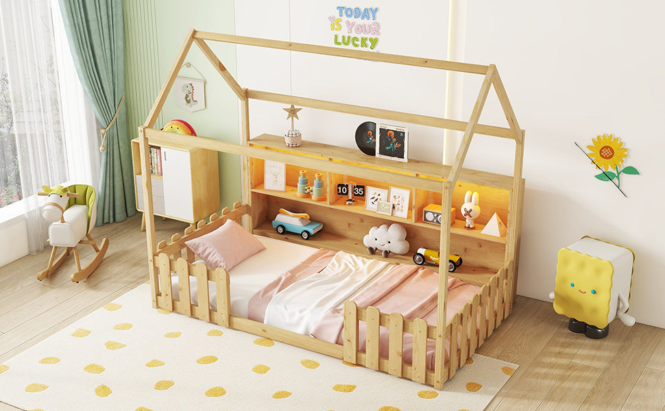 Twin Size House Bed with LED Light, Wood House Bed with Storage Bookshelf, Floor House Bed with Guardrails for Kids, Natural (Expect Arrival Date 2025/3/14)