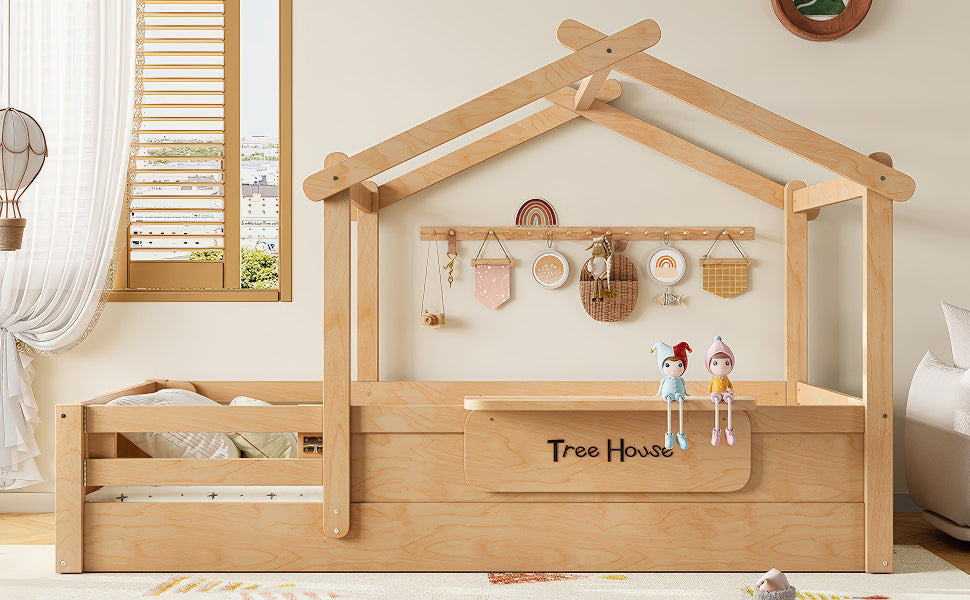 Twin Size Floor Bed with Guardrails and Roof, Kids House Floor Bed with a Small Built-in Tray and Free-installed Signboard, Childlike Design, Natural