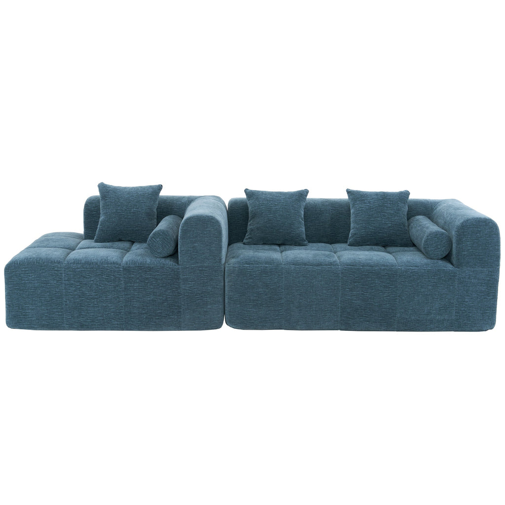 Modern Modular Sofa with Deep Seating, Two Side Pockets, and Plush Pillows in Blue Chenille Fabric, 101.2'