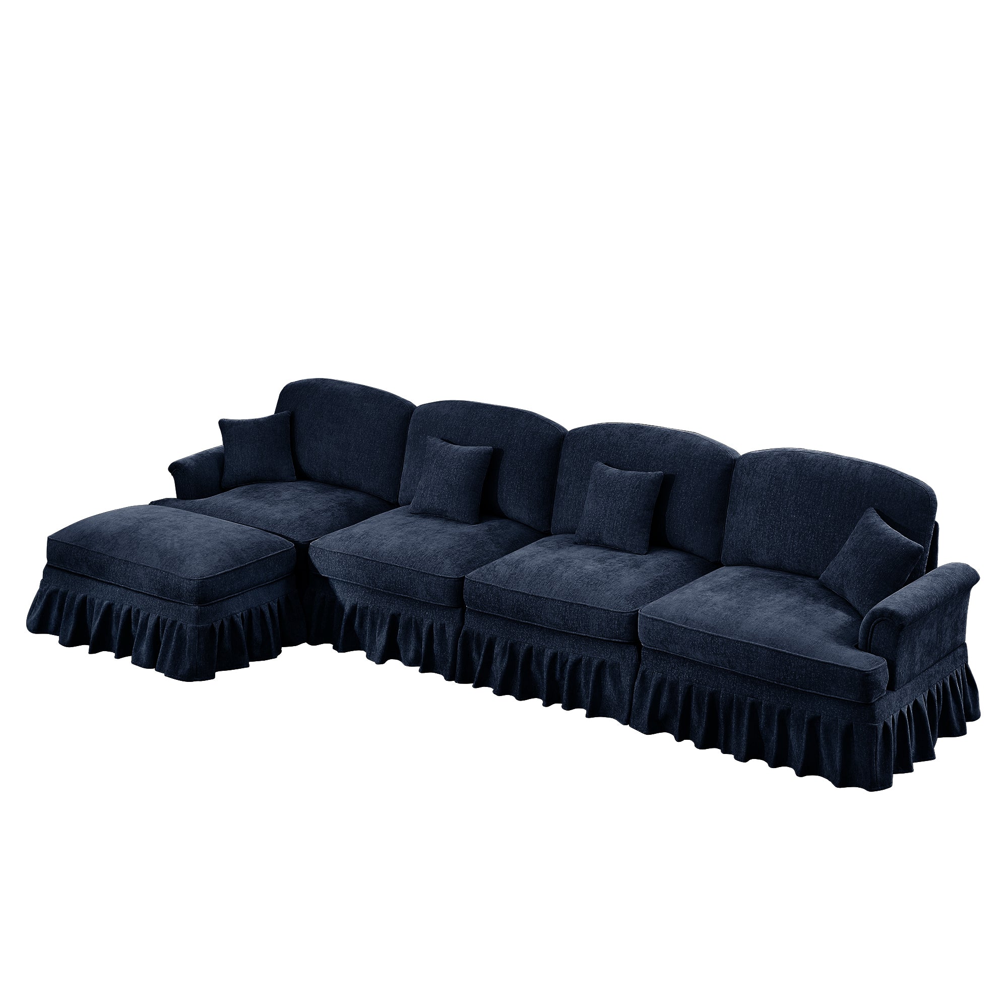 Classic Three Seater Modular L Shaped Sectional Couch with Flared Arms and Removable Ruffles Pleats Skirts and Spindle Legs, Comfy Chenille Four-Seat Deep Seat Sofa with Movable Ottoman, Blue