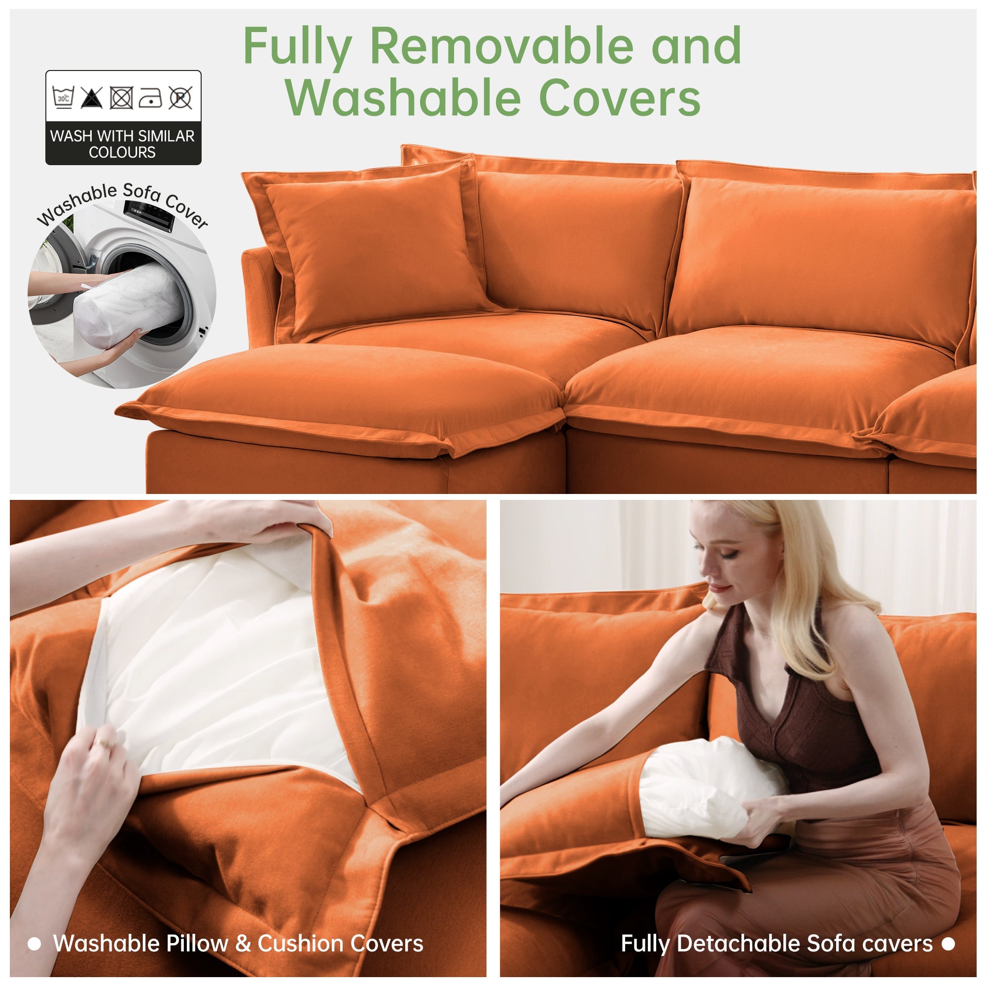 Slip-covered Armchair with 1 Big Back Cushion and 2 Big Toss Pillows, Single Deep Seat Comfy Single Couch Sofa Multiple Large Soft Pillows, Chenille Fabric, Orange