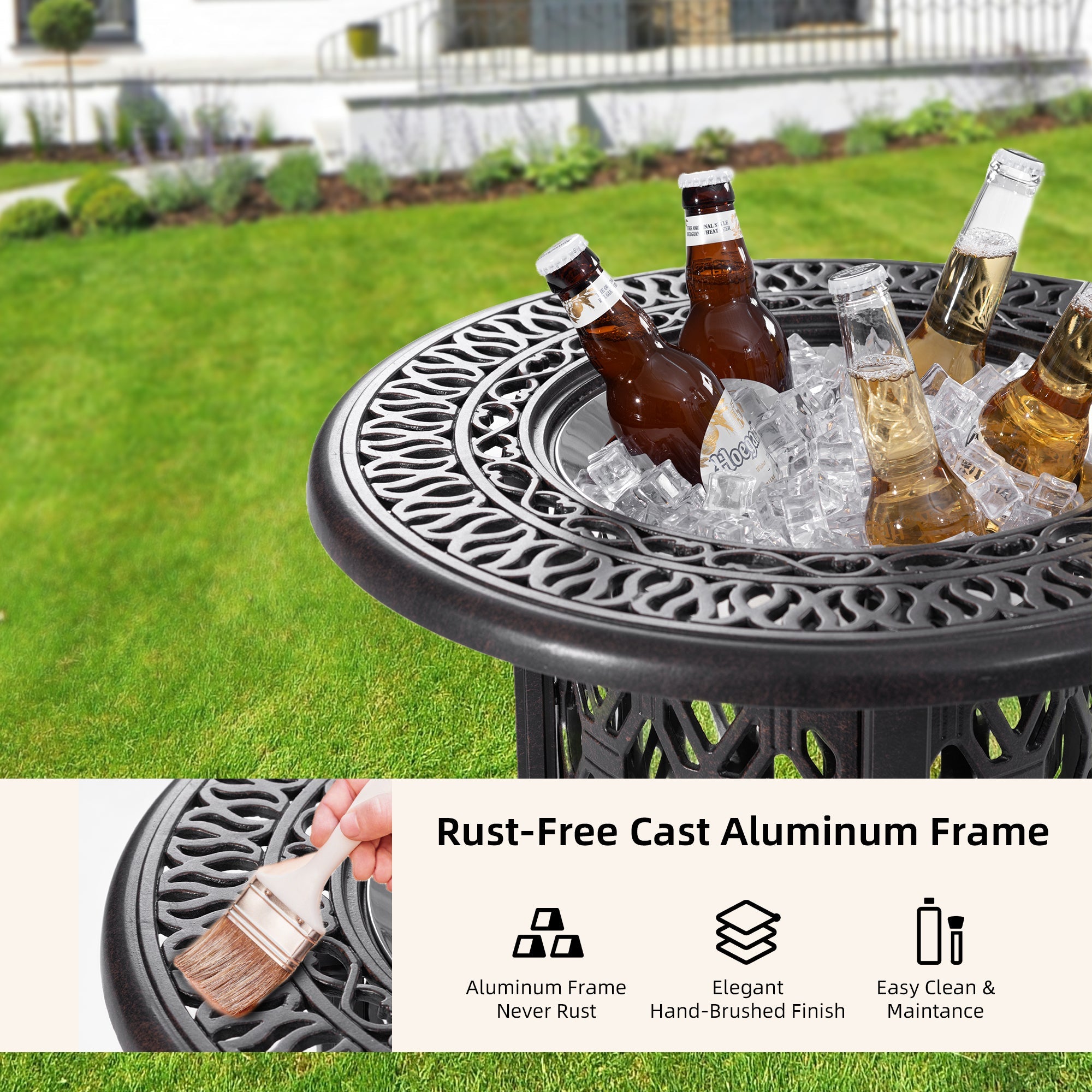 21-Inch Side Table with Removable Ice Bucket, Antique Bronze Aluminum Frame, Hand-Brushed Finish, Food-Grade Stainless Steel Bucket for Indoor & Outdoor Use