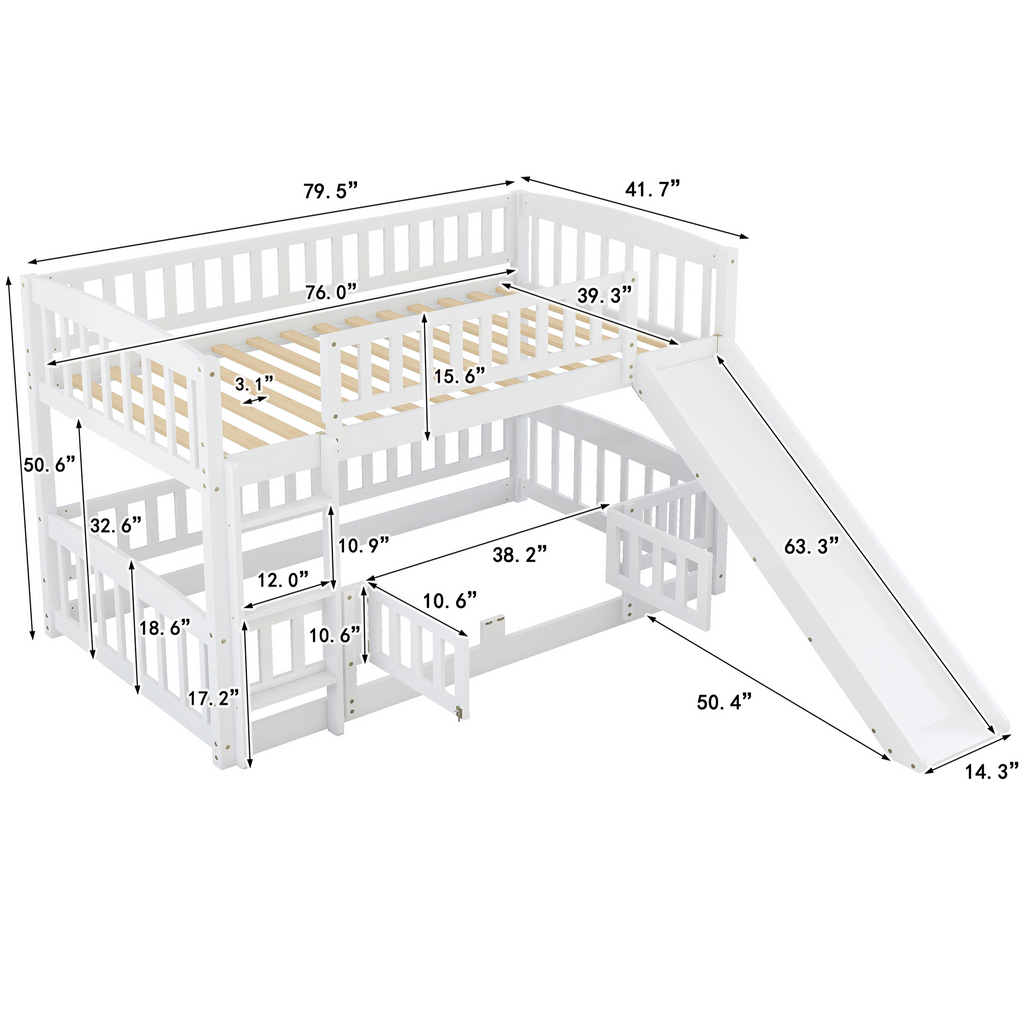 Bunk Bed with Slide,Twin Over Twin Low Bunk Bed with Fence and Ladder for  Kids Teens White