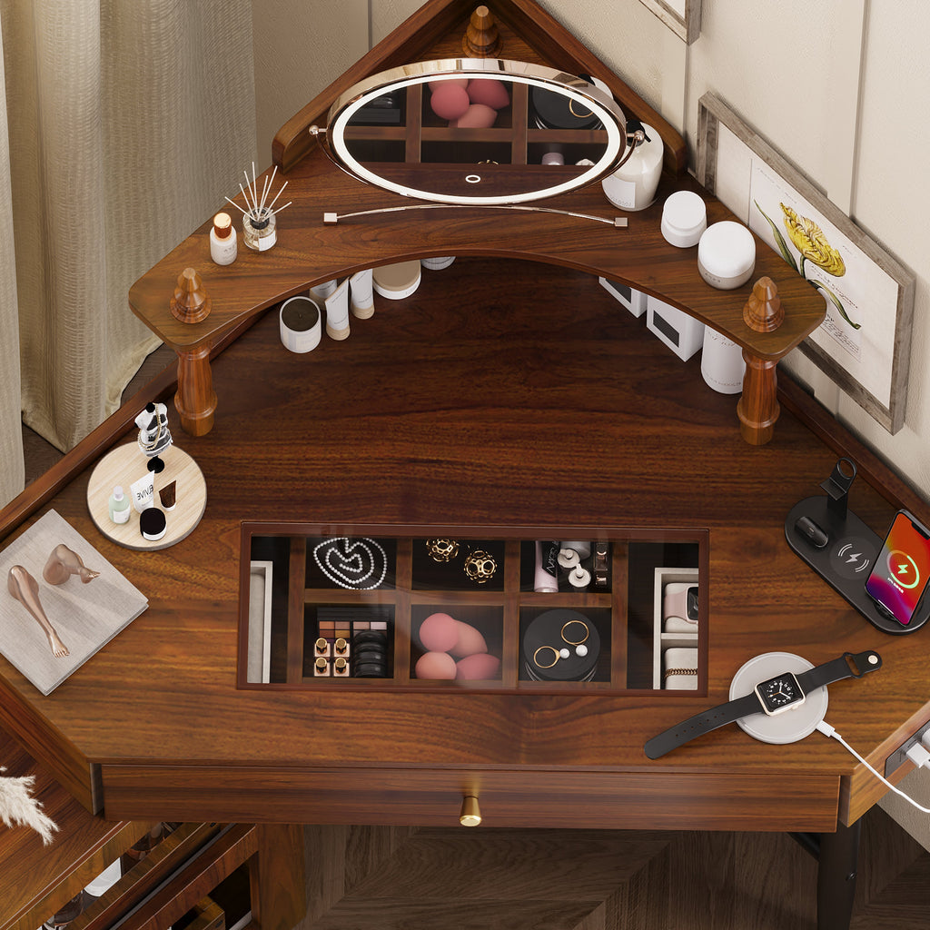Corner Vanity Desk Set with Storage Cushioned Stool and Charging Station, Triangle Makeup Desk with Removable Pull-Out Side Cabinet, Glass Tabletop Makeup Vanity Desk with Drawer and Shelf, Walnut