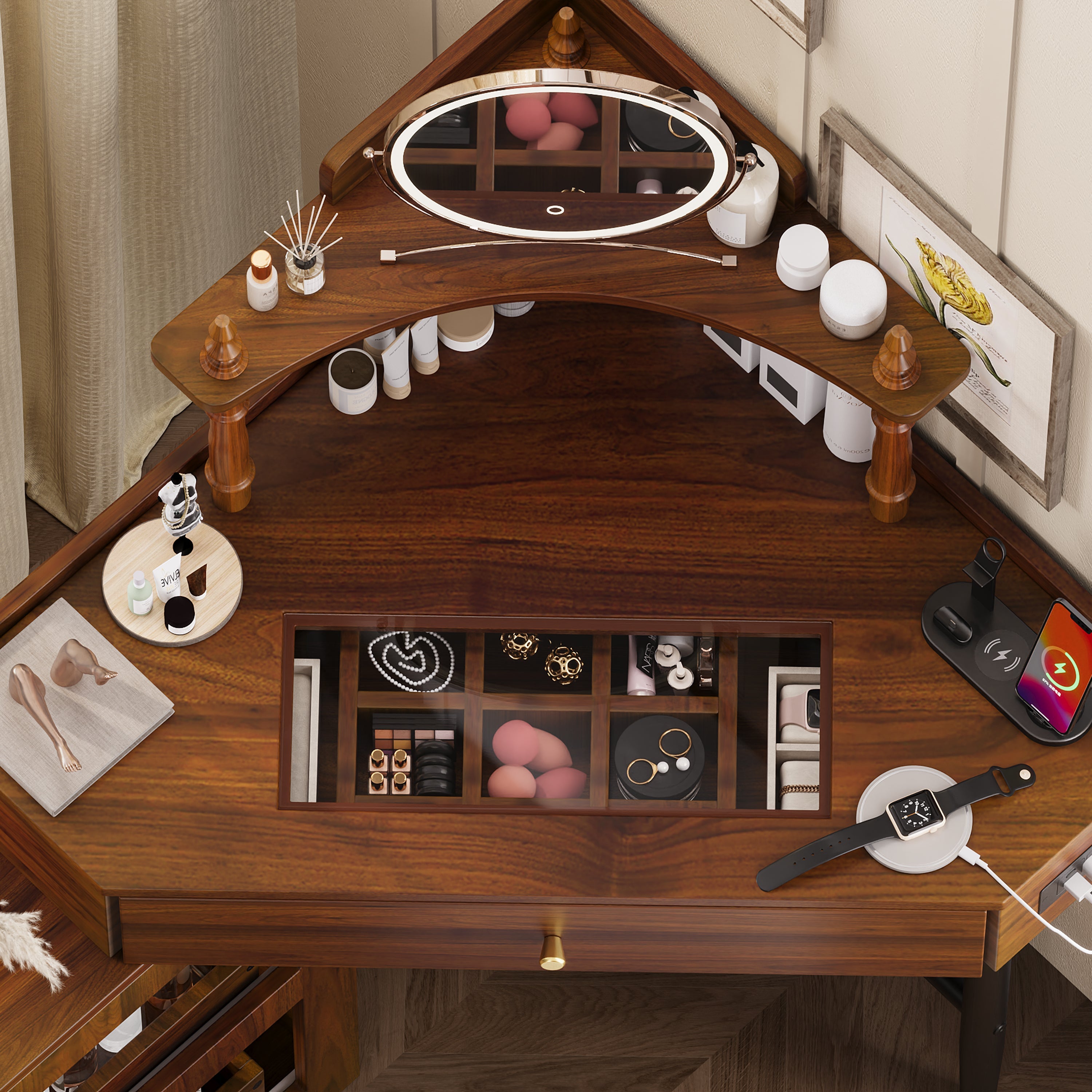 Corner Vanity Desk Set with Storage Cushioned Stool and Charging Station, Triangle Makeup Desk with Removable Pull-Out Side Cabinet, Glass Tabletop Makeup Vanity Desk with Drawer and Shelf, Walnut