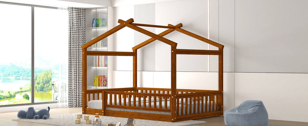 Full Size Wood Bed House Bed Frame with Fence, for Kids, Teens, Girls, Boys,Walnut
