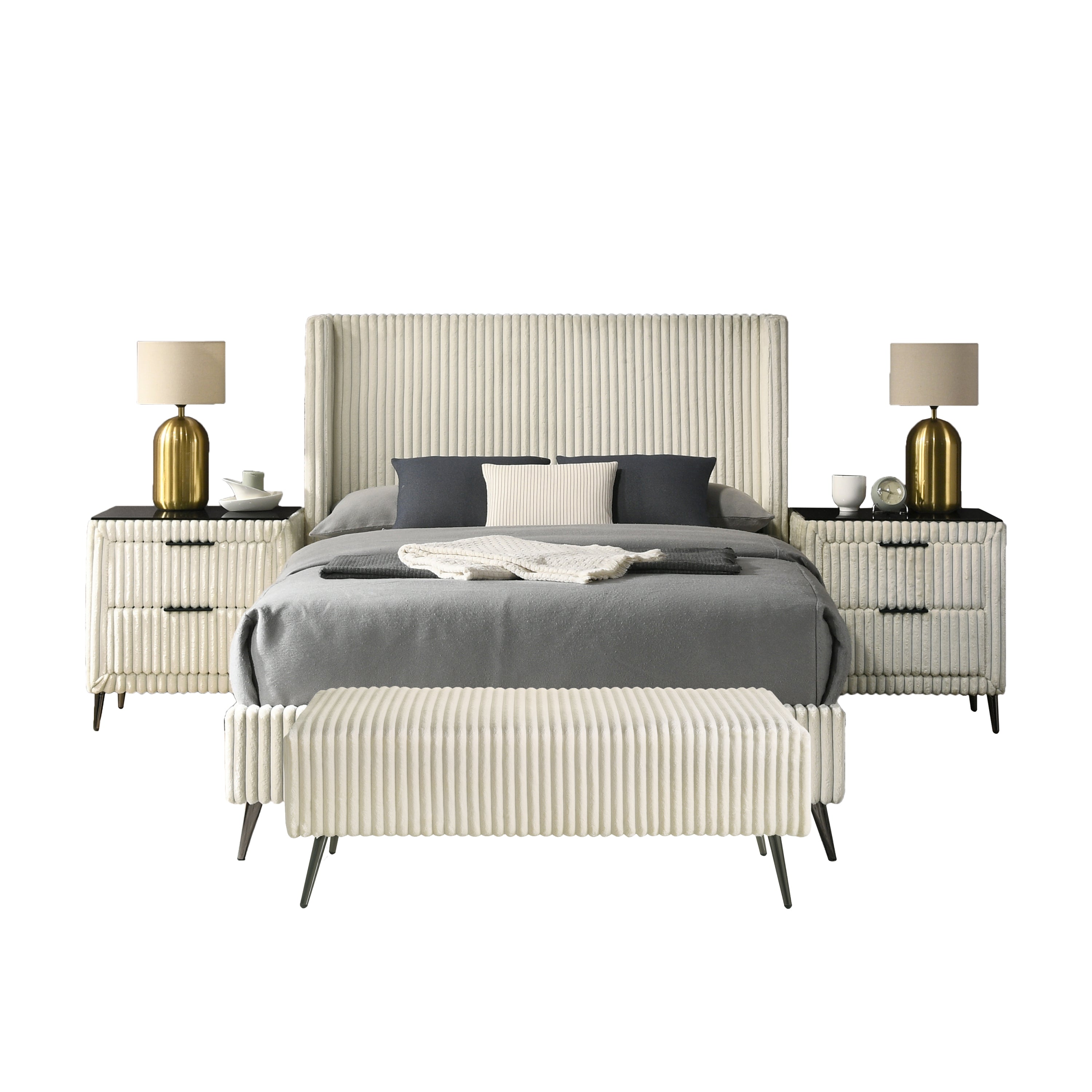 Mavela Wide Wale Corduroy Upholstery Panel Queen Bed with 2 Nightstands and Bench, Cream