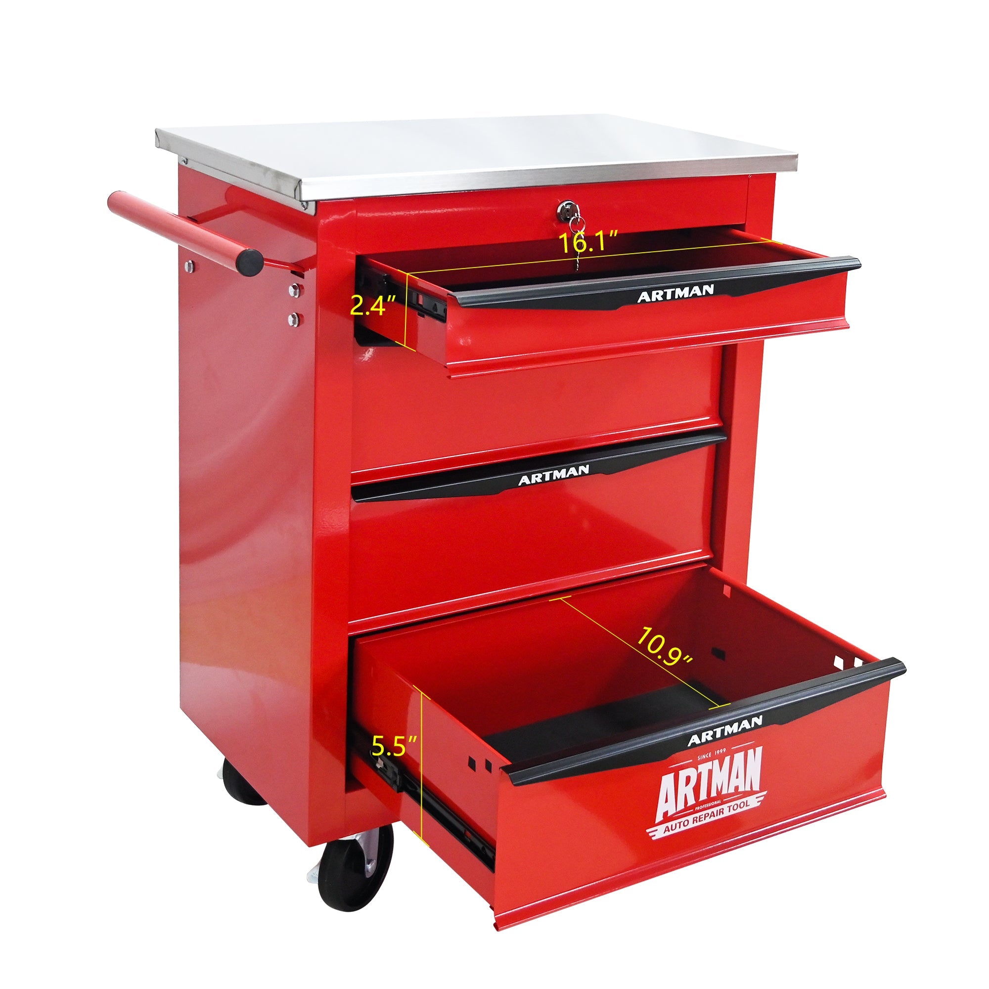4 Drawers Multifunctional Tool Cart with Wheels,Metal Rolling Tool Cart Storage for Garage Workshop Warehouse Repair Shop--With  Stainless Steel Roof- Red&Black
