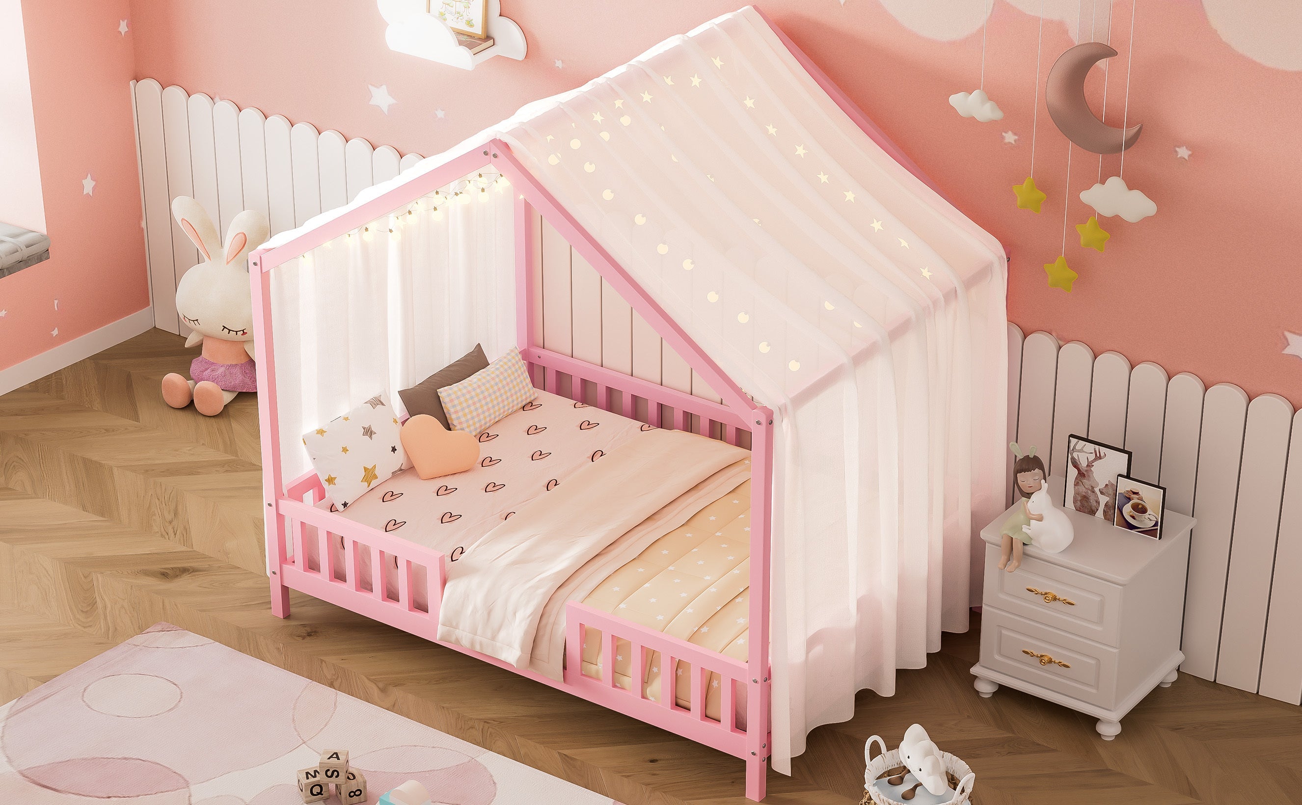 Montessori Floor Bed with Canopy, Full Bed Frame for Kids, House Shape Kids Bed Frame with High Railings, Wood Kids Bed with Roof, Kid Full Bed, Pink