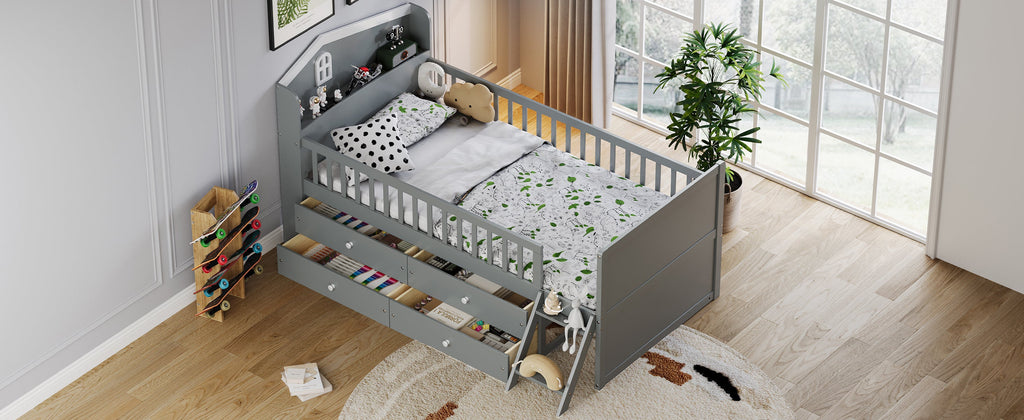 Twin Bed Frame with Storage 4 Drawers,Wooden Bed Frame for Kids,Platform Twin Size Bed with Guardrail Headboard and Ladder, No Box Spring Needed, Easy Assembly, Gray