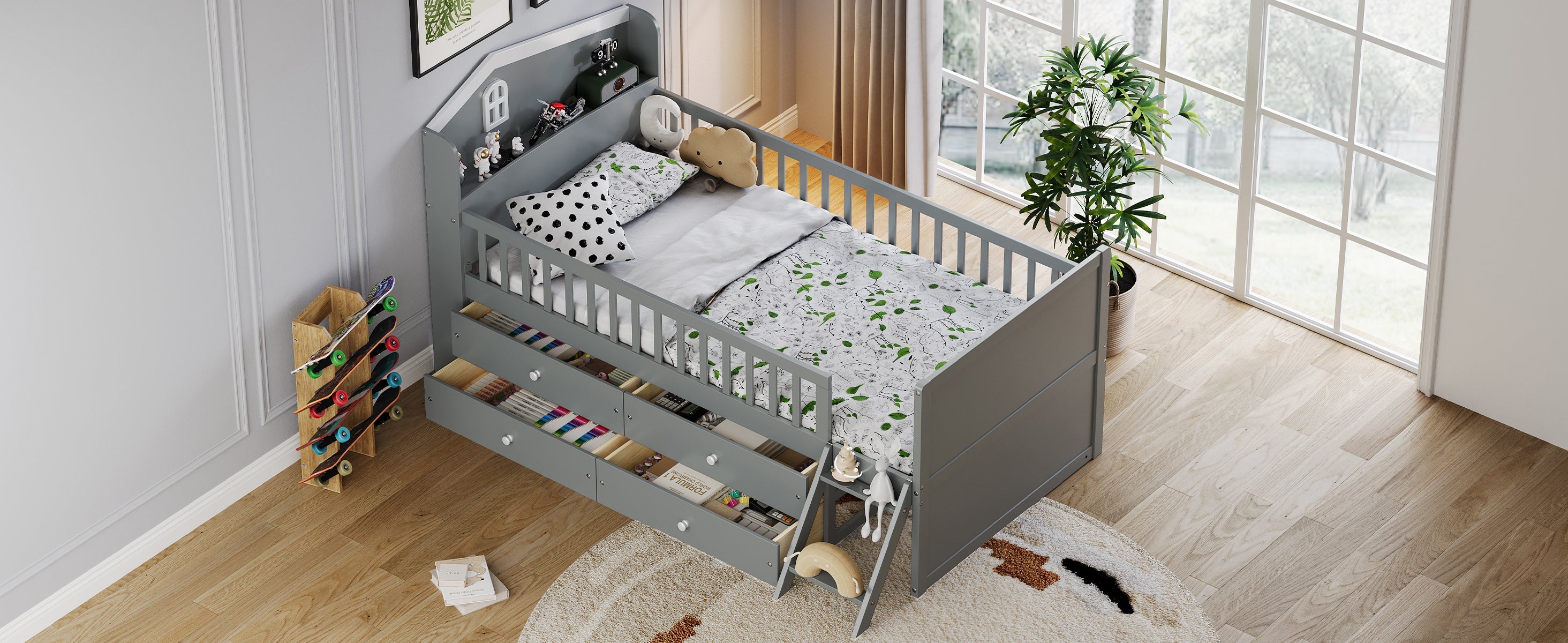 Twin Bed Frame with Storage 4 Drawers,Wooden Bed Frame for Kids,Platform Twin Size Bed with Guardrail Headboard and Ladder, No Box Spring Needed, Easy Assembly, Gray