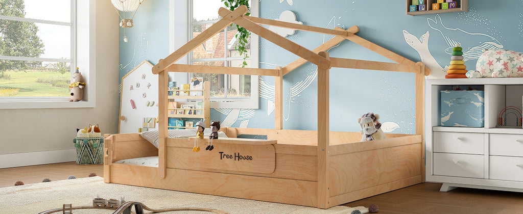 Queen Size Floor Bed with Guardrails and Roof, Kids House Floor Bed with a Small Built-in Tray and Free-installed Signboard, Childlike Design,Natural