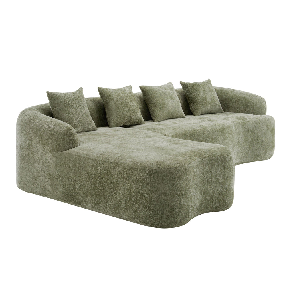 Full Compression L-Shape Sectional Sofa with Curved Chaise, Green Modular Chenille Couch, High-Density for Apartment Living Room