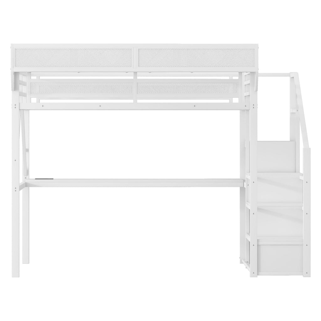 Queen Loft Bed with Desk and Charging Station, Queen Size Metal Loft Bed with Stairs and Light for Kids Teens,White(Old SKU W2580S00033)