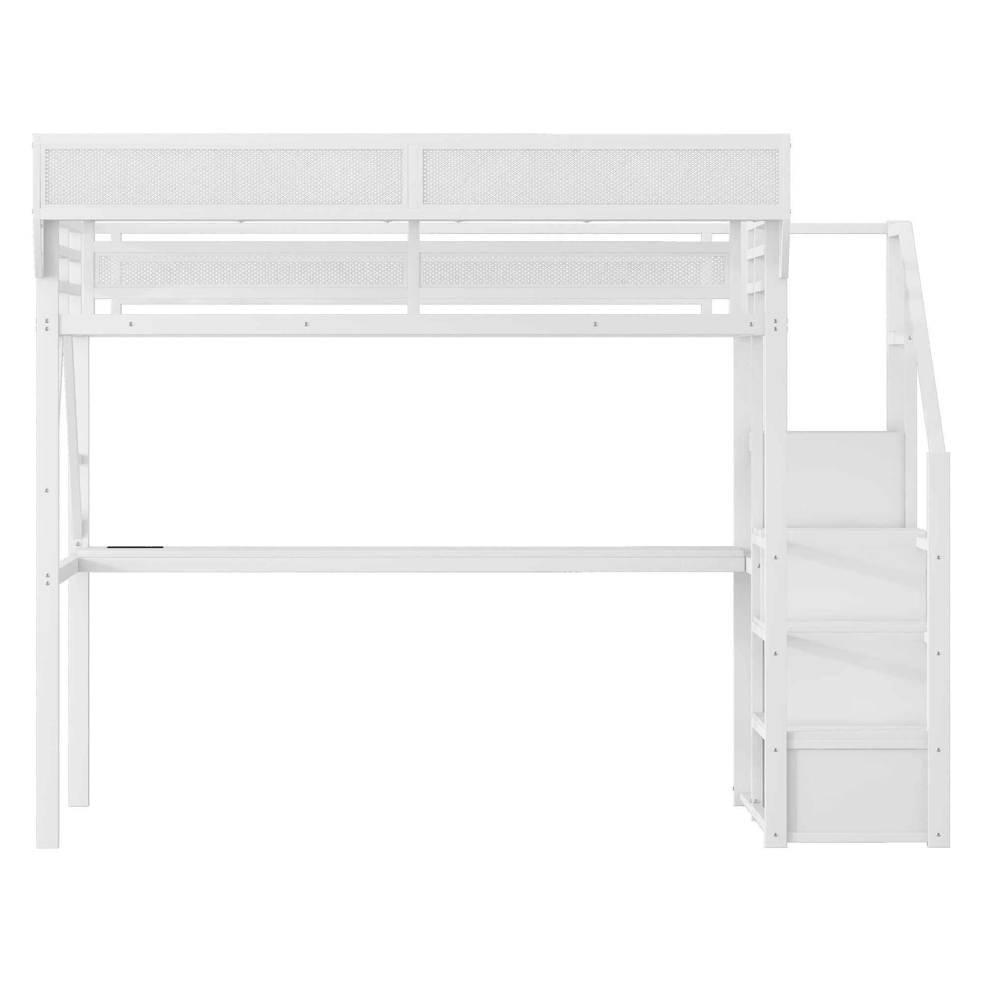 Queen Loft Bed with Desk and Charging Station, Queen Size Metal Loft Bed with Stairs and Light for Kids Teens,White(Old SKU W2580S00033)