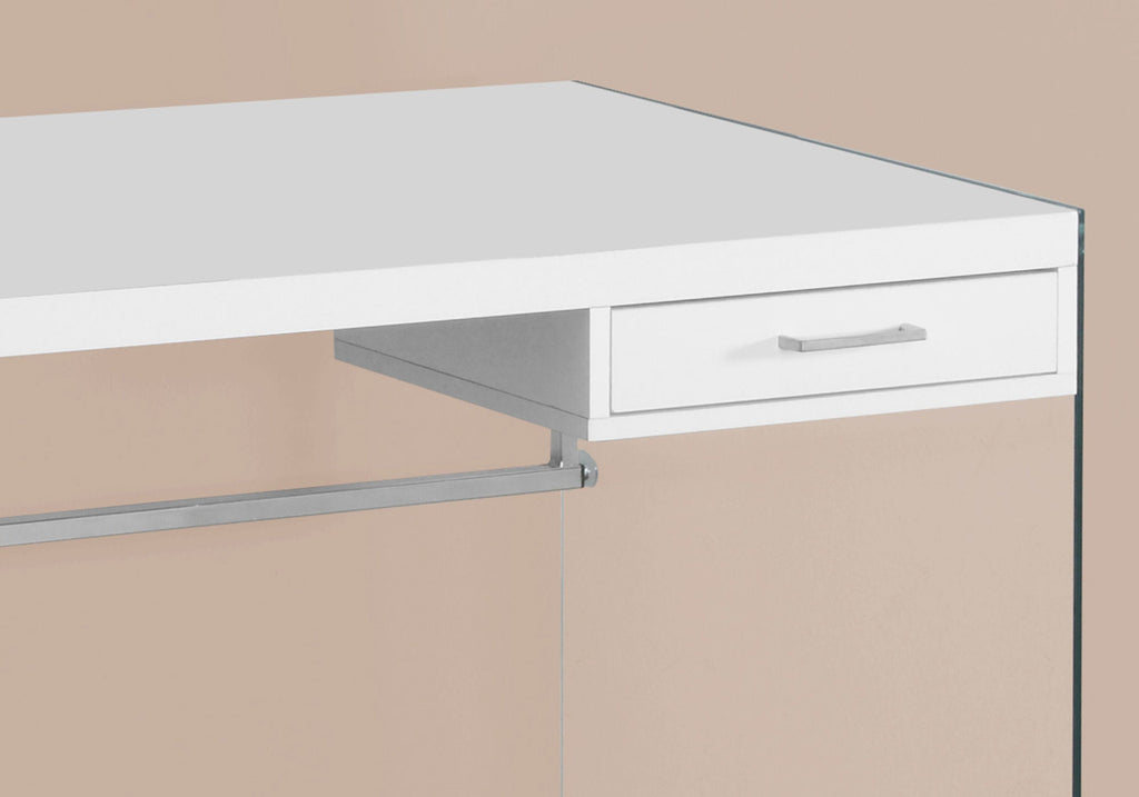 Computer Desk, Home Office, Laptop, Storage Drawers, 48'l, Work, Glossy White Laminate, Clear Tempered Glass, Contemporary, Modern