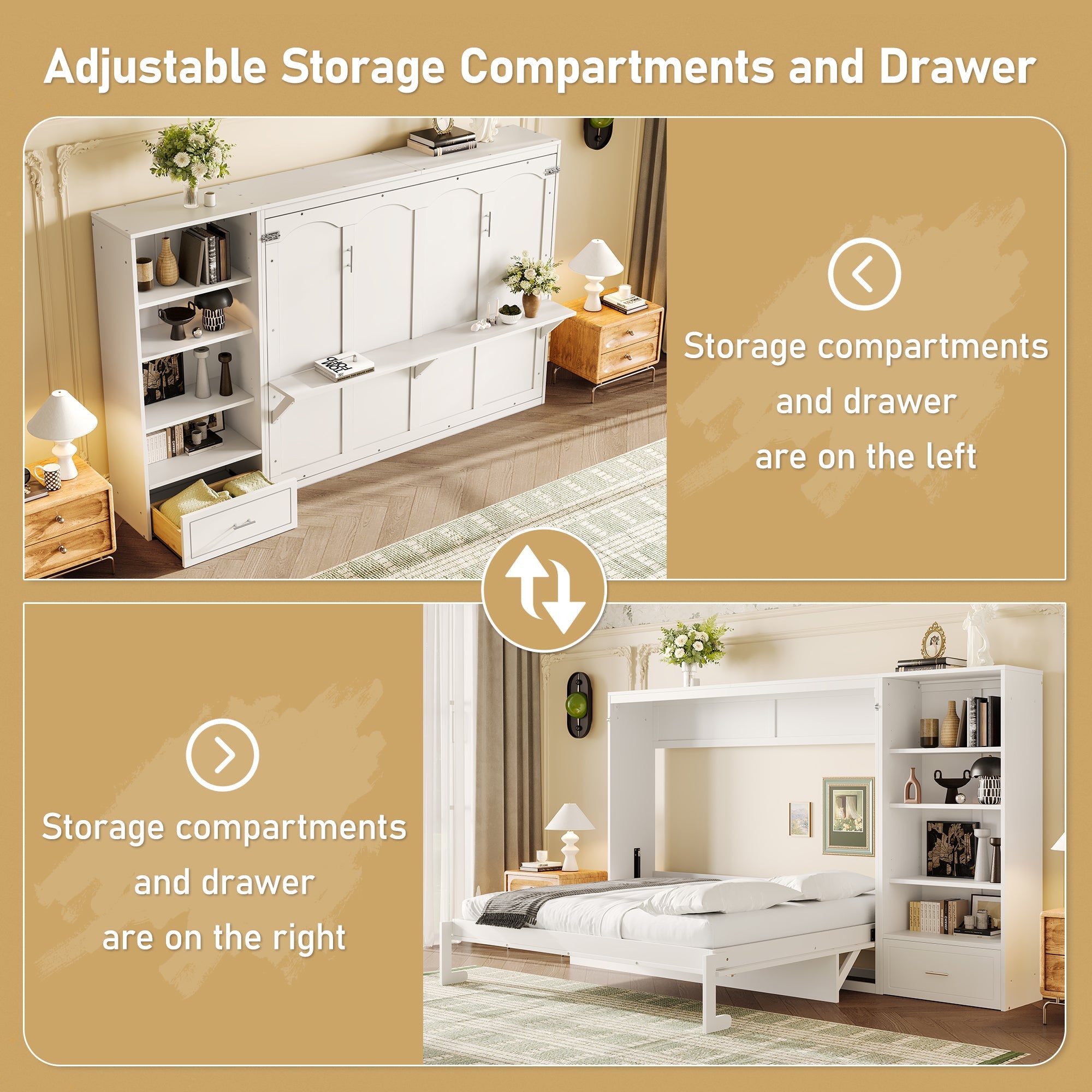 Queen Size Murphy Bed with Height Adjustable Storage Compartments and Shelf, Wall Bed Frame With 1 Drawer, Multifunctional Foldable Platform Bed for Small Space,Bedroom,Guest Room, White