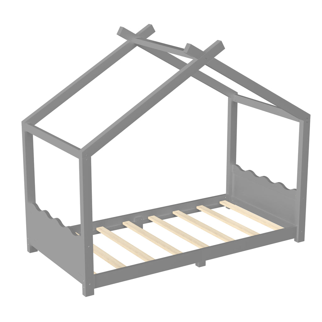 Twin House Floor Bed with Support Slats, Solid Wood House Bed Frame for Kids, No Box Spring Needed and Opening Constructure, Gray
