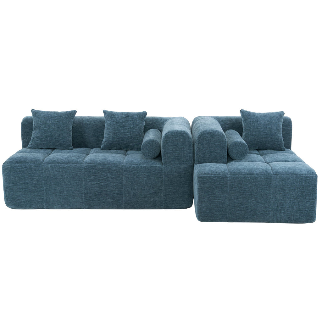 Modern Modular Sofa with Deep Seating, Two Side Pockets, and Plush Pillows in Blue Chenille Fabric, 101.2'