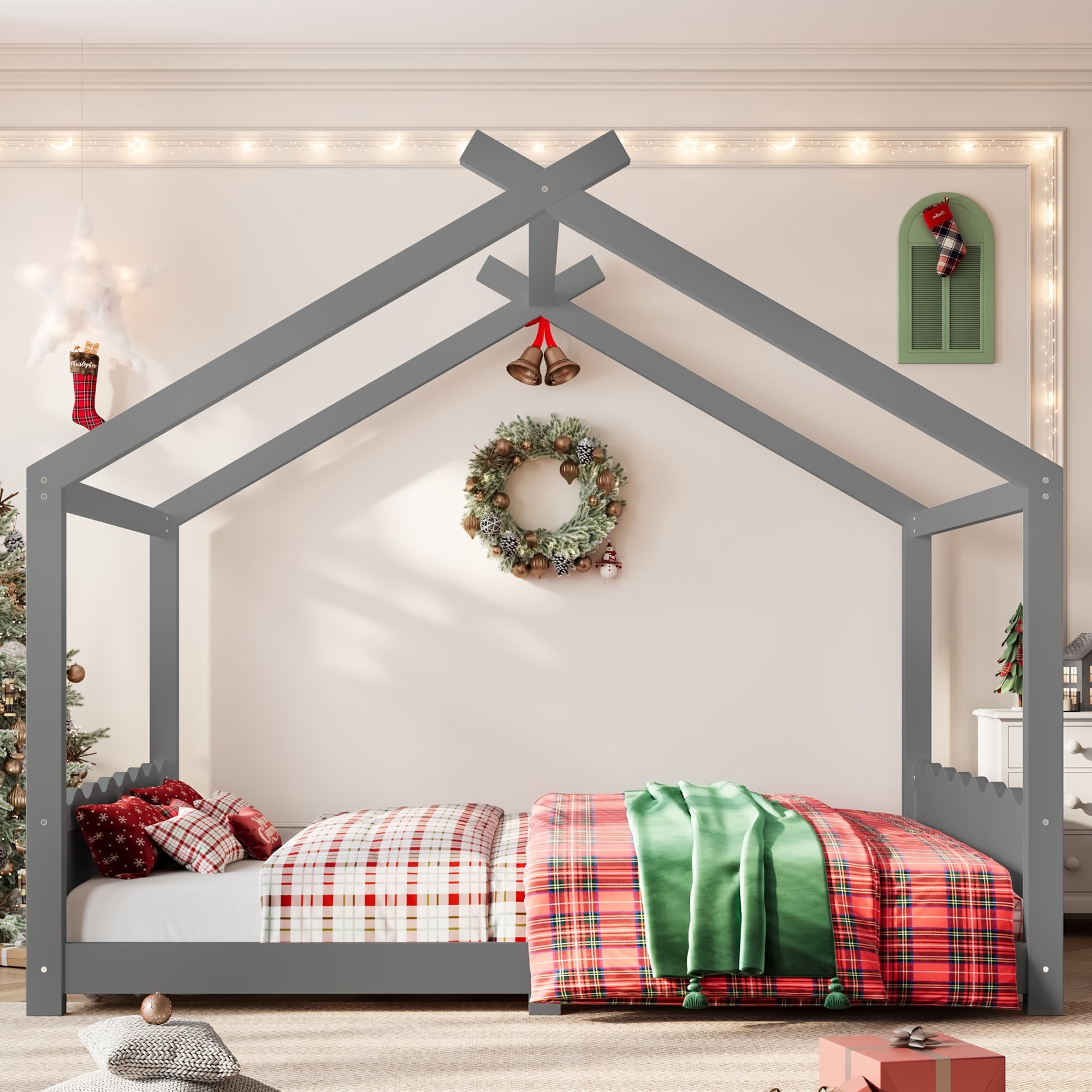 Queen House Floor Bed with Support Slats, Solid Wood House Bed Frame for Kids, No Box Spring Needed and Opening Constructure, Gray