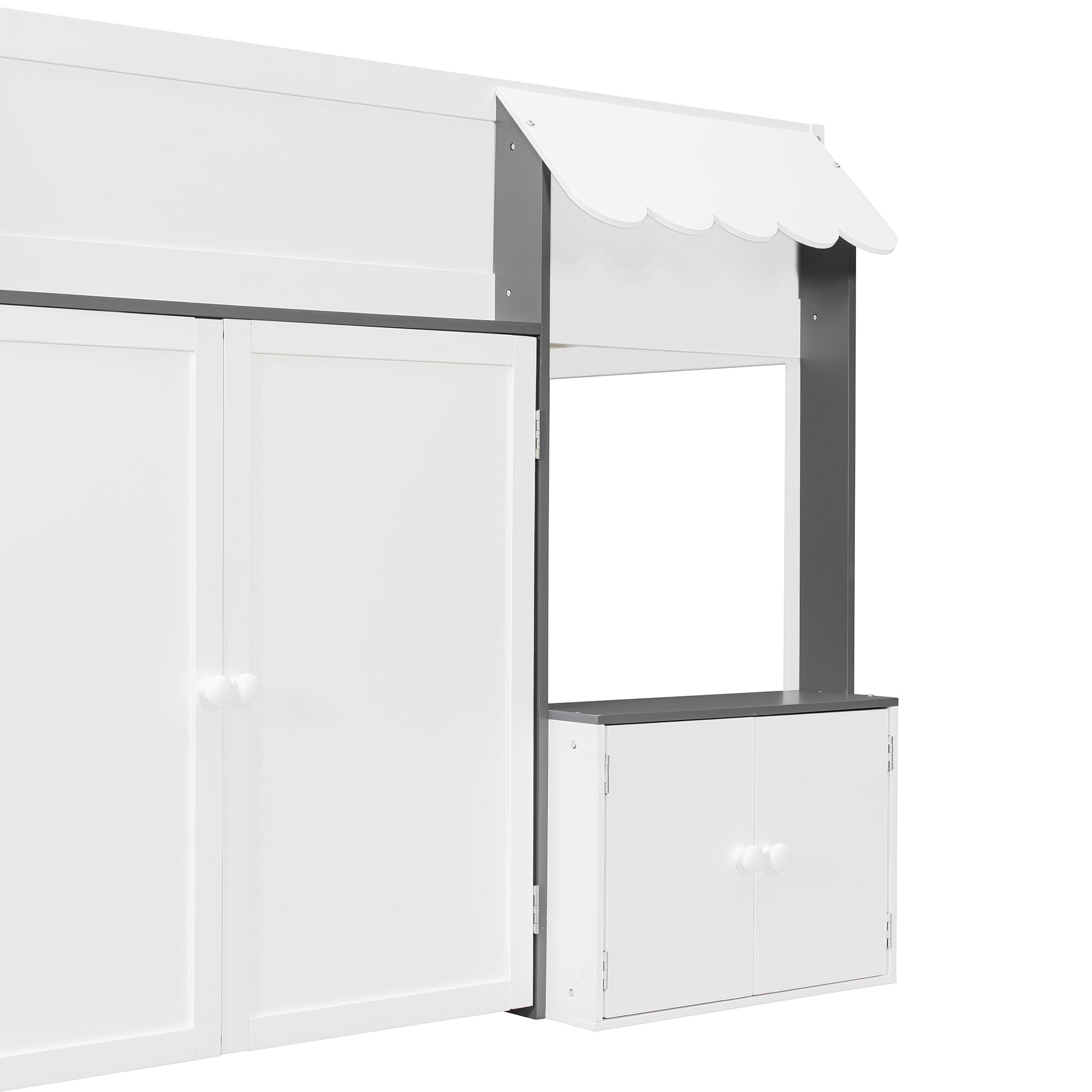 Full Loft House Bed with Playhouse & Storage, Modern Wood Cabin Bed for Kids/Teens, White+Gray