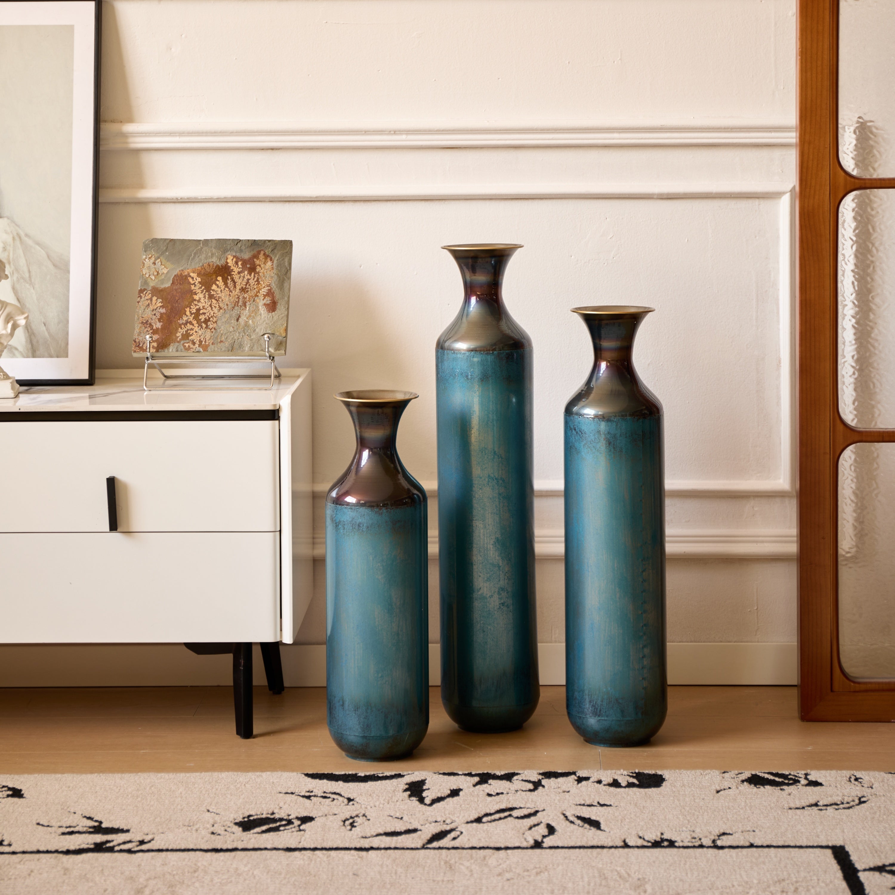 Modern Droplet-Shaped Floor Vase Set – Aqua Blue Glazed Metal Decorative Vases – 3-Piece Home Decor in 20.4 In, 24.4 In & 28.34 In Heights