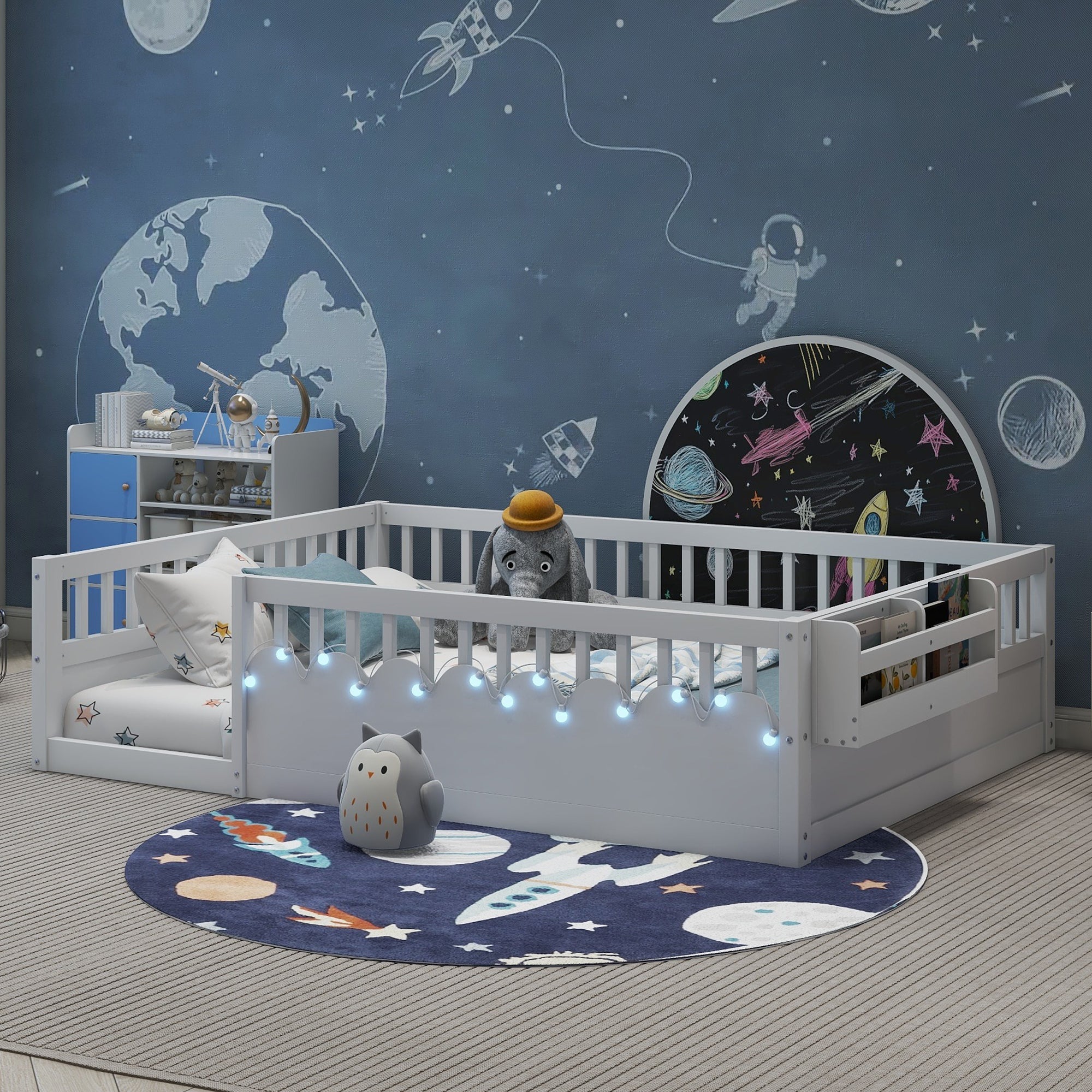 Full Montessori Floor Bed Frame with High Rails, Wood Kids Floor Beds with Light and Storage Shelf, White (Expect Arrival Date 2025/8/15)
