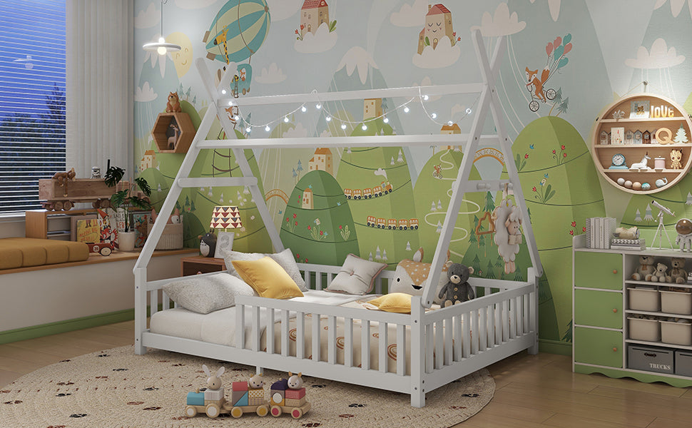 Full House Bed with Light, Low Floor House Bed with Fence and Roof for Kids Boys Girls,White(Expect arrive date 2025/7/20)