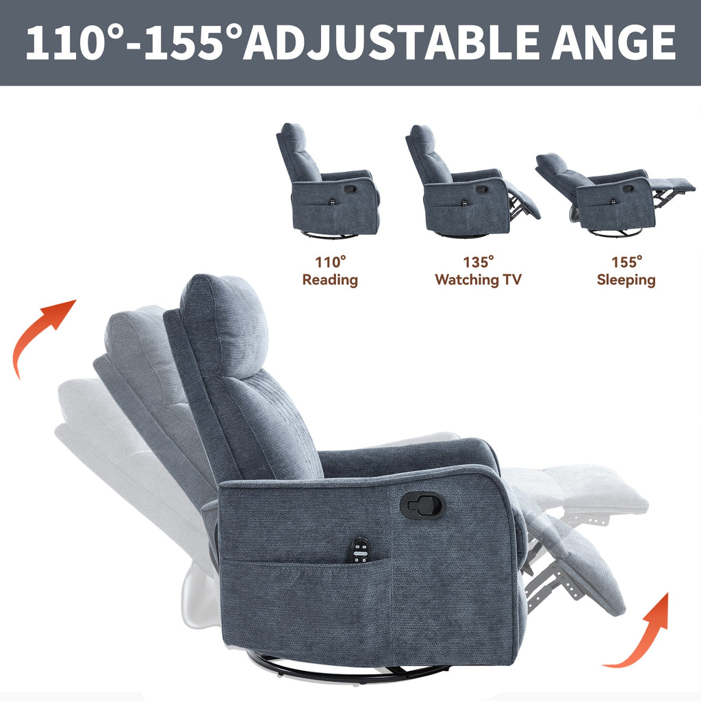 Blue Heat Massage Manual Recliner Chair with Rocker and Swivel in Fabric for Living Room